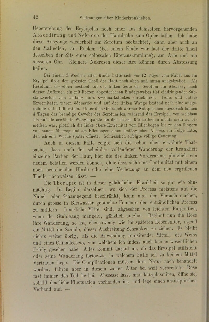 Ueberstehung des Erysipelas noch einer aus demselben hervorgehenden Abscedirung und Nekrose der Hautdecke zum Opfer fallen. Ich habe diese Ausgänge wiederholt am Scrotum beobachtet, dann aber auch an den Malleolen, am Rücken (bei einem Kinde war fast der dritte Theil desselben der Sitz einer colossalen Eiteransammlung), am Arm und am äusseren Ohr. Kleinere Nekrosen dieser Art können durch Abstossung heilen. Bei einem 3 Wochen alten Kinde hatte sich vor 12 Tagen vom Nabel aus ein Erysipel über den grössten Theil der Haut nach oben und unten ausgebreitet. Als Residuum desselben bestand auf der linken Seite des Scrotum ein Abscess, nach dessen Aufbruch ein mit Fetzen abgestorbenen Bindegewebes tief eindringender Sub- stanzverlust vom Umfang eines Zweimarkstückes zurückblieb. Penis und untere Extremitäten waren ödematös und auf der linken Wange bestand noch eine ausge- dehnte rothe Infiltration. Unter dem Gebrauch warmer Kataplasmen stiess sich binnen 4 Tagen das brandige Gewebe des Scrotum los, während das Erysipel, von welchem bis auf die erwähnte Wangenpartie an den oberen Körpertheilen nichts mehr zu be- merken war, plötzlich die linke obere Extremität vom Ellenbogen bis zu den Fingern von neuem überzog und am Ellenbogen einen umfänglichen Abscess zur Folge hatte, den ich eine Woche später öffnete. Schliesslich erfolgte völlige Genesung. Auch in diesem Falle zeigte sich die schon oben erwähnte That- sache, dass nach der scheinbar vollendeten Wanderung der Krankheit einzelne Partien der Haut, hier die des linken Vorderarms, plötzlich von neuem befallen werden können, ohne dass sich eine Oontinuität mit einem noch bestehenden Herde oder eine Verletzung an dem neu ergriffenen Theile nachweisen lässt. — Die Therapie ist in dieser gefährlichen Krankheit so gut wie ohn- mächtig. Im Beginn derselben, wo sich der Process meistens auf die Nabel- oder Schamgegend beschränkt, kann man den Versuch machen, durch grosse in Bleiwasser getauchte Fomente den entzündlichen Process zu mildern. Innerliche Mittel sind, abgesehen von leichten Purgantien, wenn der Stuhlgang mangelt, gänzlich nutzlos. Beginnt nun die Rose ihre Wanderung, so ist, ebensowenig wie im späteren Lebensalter, irgend ein Mittel im Stande, dieser Ausbreitung Schranken zu ziehen. Es bleibt nichts weiter übrig, als die Anwendung tonisirender Mittel, des Weins und eines Chinadecocts, von welchem ich iudess auch keinen wesentlichen Erfolg gesehen habe. Alles kommt darauf an, ob das Erysipel stillsteht oder seine Wanderung fortsetzt, in welchem Falle ich zu keinem Mittel Vertrauen hege. Die Complicationen müssen ihrer Natur nach behandelt werden, führen aber in diesem zarten Alter bei weit verbreiteter Rose fast immer den Tod herbei. Abscesse lasse man kataplasmiren, öffne sic, sobald deutliche Fluctuation vorhanden ist, und lege einen antiseptischen Verband auf. —