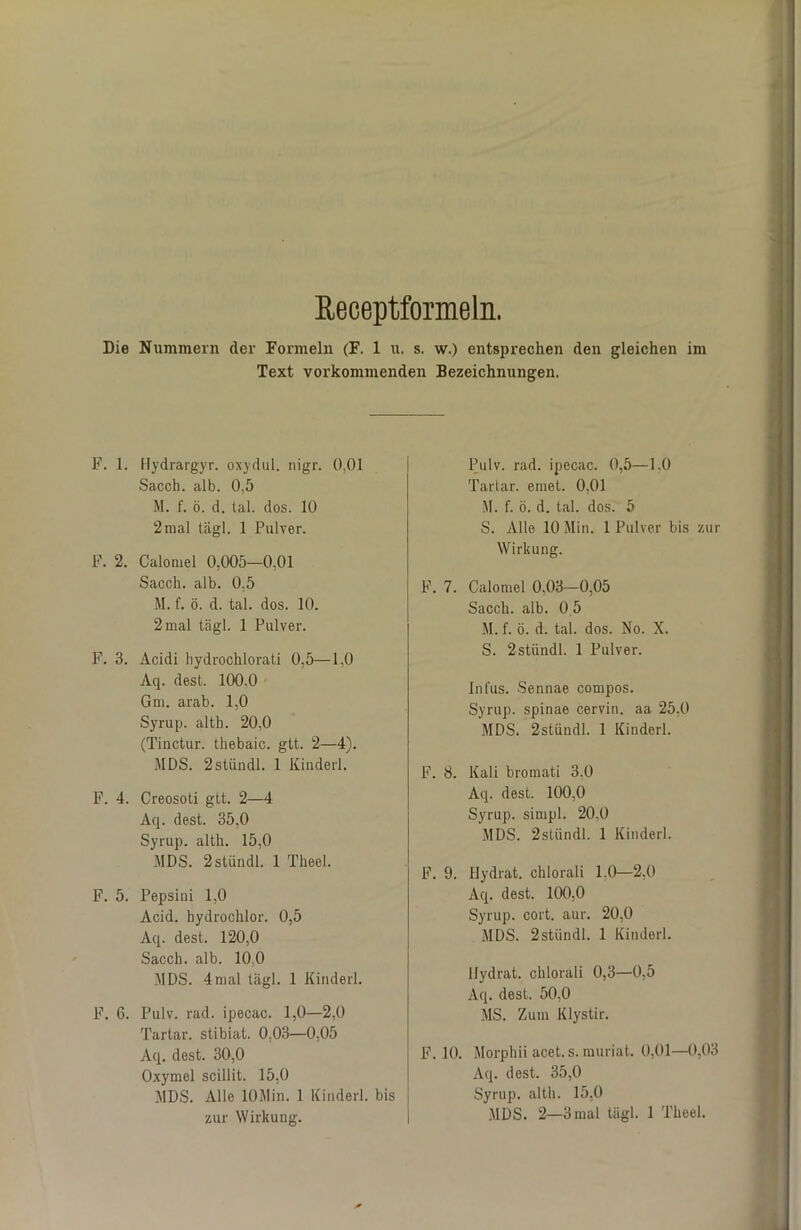 Eeceptformeln. Die Nummern der Formeln (F. 1 u. s. w.) entsprechen den gleichen im Text vorkommenden Bezeichnungen. F. 1. Hydrargyr. oxydul. nigr. O.Ol Sacch. alb. 0.5 M. f. ö. d. tal. dos. 10 2 mal tägl. 1 Pulver. F. 2. Calomel 0,005—0,01 Sacch. alb. 0,5 M. f. ö. d. tal. dos. 10. 2 mal tägl. 1 Pulver. F. 3. Acidi bydrochlorati 0,5—1,0 Aq. dest. 100.0 Gm. arab. 1,0 Syrup. alth. 20.0 (Tinctur. thebaic. gtt. 2—4). MDS. 2stündl. 1 Kinderl. F. 4. Creosoti gtt. 2—4 Aq. dest. 35,0 Syrup. alth. 15,0 MDS. 2 stündl. 1 Theel. F. 5. Pepsiui 1,0 Acid. hydrochlor. 0,5 Aq. dest. 120,0 Sacch. alb. 10,0 MDS. 4mal tägl. 1 Kinderl. F. 6. Pulv. rad. ipecac. 1,0—2,0 Tartar, stibiat. 0,03—0,05 Aq. dest. 30,0 Oxymel scillit. 15,0 MDS. Alle lOMin. 1 Kinderl. bis zur Wirkung. Pulv. rad. ipecac. 0,5—1.0 Tartar, emet. 0,01 M. f. ö. d. tal. dos. 5 S. Alle 10 Min. 1 Pulver bis zur Wirkung. F. 7. Calomel 0,03—0,05 Sacch. alb. 0 5 M. f. ö. d. tal. dos. No. X. S. 2stiindl. 1 Pulver. Infus. Sennae compos. Syrup. spinae cerviti. aa 25,0 MDS. 2stündl. 1 Kinderl. F. 8. Kali bromati 3.0 Aq. dest. 100,0 Syrup. simpl. 20.0 MDS. 2stündl. 1 Kinderl. F. 9. Hydrat, chlorali 1.0—2,0 Aq. dest. 100,0 Syrup. cort. aur. 20,0 MDS. 2stündl. 1 Kinderl. Hydrat, chlorali 0,3—0,5 Aq. dest. 50,0 MS. Zum Klystir. F. 10. Morphii acet. s. muriat. 0,01—0,03 Aq. dest. 35,0 Syrup. alth. 15,0 MDS. 2—3mal tägl. 1 Theel.