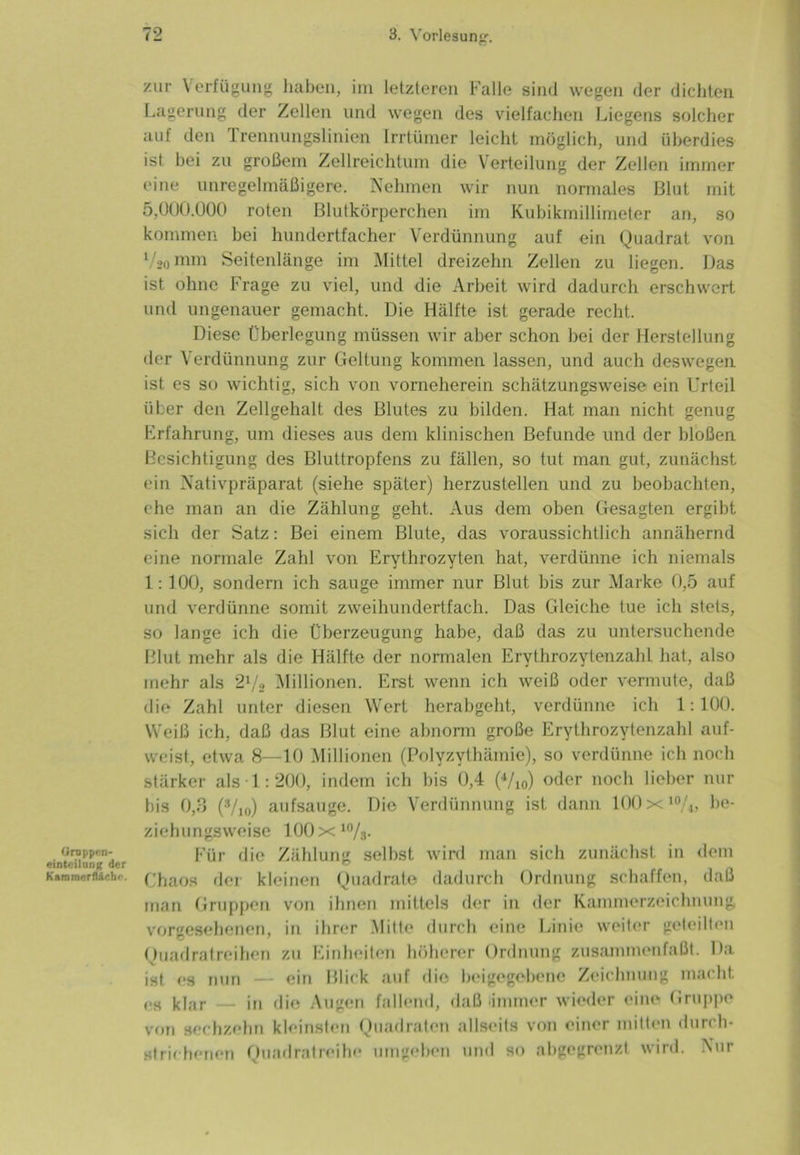Oruppen- einteilunK der K»mmcrfl4chc. zur Verfügung haben, im letzteren Falle sind wegen der dichten Lagerung der Zellen und wegen des vielfachen Liegens solcher auf den Trennungslinien Irrtümer leicht möglich, und überdies ist hei zu großem Zellreichtum die Verteilung der Zellen immer eine unregelmäßigere. Nehmen wir nun normales Blut mit 5,000.000 roten Blutkörperchen im Kubikmillimeter an, so kommen bei hundertfacher Verdünnung auf ein Quadrat von 1 /20 mm Seitenlange im Mittel dreizehn Zellen zu liegen. Das ist ohne Frage zu viel, und die Arbeit wird dadurch erschwert und ungenauer gemacht. Die Hälfte ist gerade recht. Diese Überlegung müssen wir aber schon bei der Herstellung der Verdünnung zur Geltung kommen lassen, und auch deswegen ist es so wichtig, sich von vorneherein schätzungsweise ein Urteil über den Zellgehalt des Blutes zu bilden. Hat man nicht genug Erfahrung, um dieses aus dem klinischen Befunde und der bloßen Besichtigung des Bluttropfens zu fällen, so tut man gut, zunächst ein Nativpräparat (siehe später) herzustellen und zu beobachten, ehe man an die Zählung geht. Aus dem oben Gesagten ergibt sich der Satz: Bei einem Blute, das voraussichtlich annähernd eine normale Zahl von Erythrozyten hat, verdünne ich niemals 1: 100, sondern ich sauge immer nur Blut bis zur Marke 0,5 auf und verdünne somit zweihundertfach. Das Gleiche tue ich stets, so lange ich die Überzeugung habe, daß das zu untersuchende Blut mehr als die Hälfte der normalen Erythrozytenzahl hat, also mehr als 2Q2 Millionen. Erst wenn ich weiß oder vermute, daß die Zahl unter diesen Wert herabgeht, verdünne ich 1:100. Weiß ich, daß das Blut eine abnorm große Erythrozytenzahl auf- weist, etwa 8—10 Millionen (Polyzythämie), so verdünne ich noch stärker als 1:200, indem ich bis 0,4 (Vio) oder noch lieber nur bis 0,3 (V10) aufsauge. Die Verdünnung ist dann 100xl0/i} be- ziehungsweise 100xi%. Für die Zählung selbst wird man sich zunächst in dem Chaos der kleinen Quadrate dadurch Ordnung schaffen, daß man Gruppen von ihnen mittels der in der Kammerzeichnung vorgesehenen, in ihrer Mitte durch eine Linie weiter geteilten Quadratreihen zu Einheiten höherer Ordnung zusammenfaßt. Da ist es nun ein Blick auf die beigegebene Zeichnung macht ,.s klar — in die Augen fallend, daß .immer wieder eine Gruppe von sechzehn kleinsten Quadraten allseits von einer mitten durch- strichenen Quadratreihe umgeben und so abgegrenzt wird. Nur