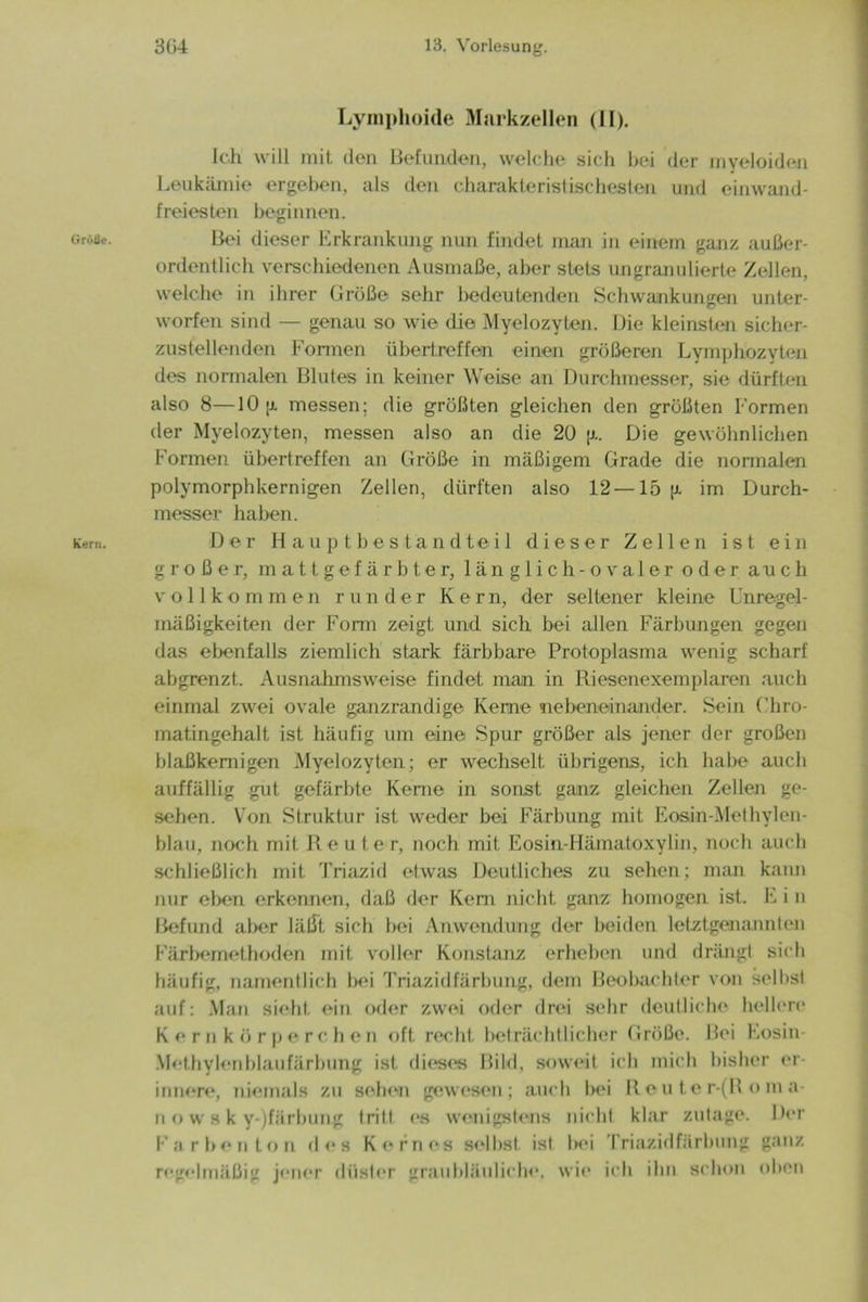 Größe. Kern. Lymphoide Markzellen (II). Ich will mit den Befunden, welche sich hei der myeloiden Leukämie ergeben, als den charakteristischesten und einwand- freiesten beginnen. Bei dieser Erkrankung nun findet man in einem ganz außer- ordentlich verschiedenen Ausmaße, aber stets ungranulierte Zellen, welche in ihrer Größe sehr bedeutenden Schwankungen unter- worfen sind — genau so wie die Myelozyten. Die kleinsten sicher- zustellenden Formen übertreffen einen größeren Lymphozyten des normalen Blutes in keiner Weise an Durchmesser, sie dürften also 8—10 [j. messen; die größten gleichen den größten Formen der Myelozyten, messen also an die 20 ;j.. Die gewöhnlichen Formen übertreffen an Größe in mäßigem Grade die normalen polymorphkernigen Zellen, dürften also 12 —15 jj. im Durch- messer haben. Der Hauptbestandteil dieser Zellen ist ein großer, in a 11 gef är b ter, 1 äng 1 ich-o va 1 er oder auch vollkommen runder Kern, der seltener kleine Unregel- mäßigkeiten der Form zeigt und sich bei allen Färbungen gegen das ebenfalls ziemlich stark färbbare Protoplasma wenig scharf abgrenzt. Ausnahmsweise findet man in Riesenexemplaren auch einmal zwei ovale ganzrandige Kerne nebeneinander. Sein (’hro- matingehalt ist häufig um eine Spur größer als jener der großen blaßkemigen Myelozyten; er wechselt übrigens, ich habe auch auffällig gut gefärbte Kerne in sonst ganz gleichen Zellen ge- sehen. Y'on Struktur ist weder bei Färbung mit Eosin-Methylen- blau, noch mit Reu t.e r, noch mit Eosin-Hämatoxylin, noch auch schließlich mit Triazid etwas Deutliches zu sehen; man kann nur eben erkennen, daß der Kern nicht ganz homogen ist. E i n Befund aber läßt sich bei Anwendung der beiden letztgenannten Färbemethoden mit voller Konstanz erheben und drängt sich häufig, namentlich bei Triazid färb ung, dem Beobachter von selbst auf: Man sieht ein oder zwei oder drei sehr deutliche hellere Kernkörperchen oft recht beträchtlicher Größe. Bei Eosin Methylenblaufärbung ist dieses Bild, soweit ich mich bisher er- innere, niemals zu sehen gewesen; auch Ihm Reu ter-(R.o m a- n o w s k y-)färbung tritt es wenigstens nicht klar zutage. Der Farbenton des Kornes seihst ist bei Triazidfärbung ganz regelmäßig jener düster graubläuliche, wie ich ihn schon oben