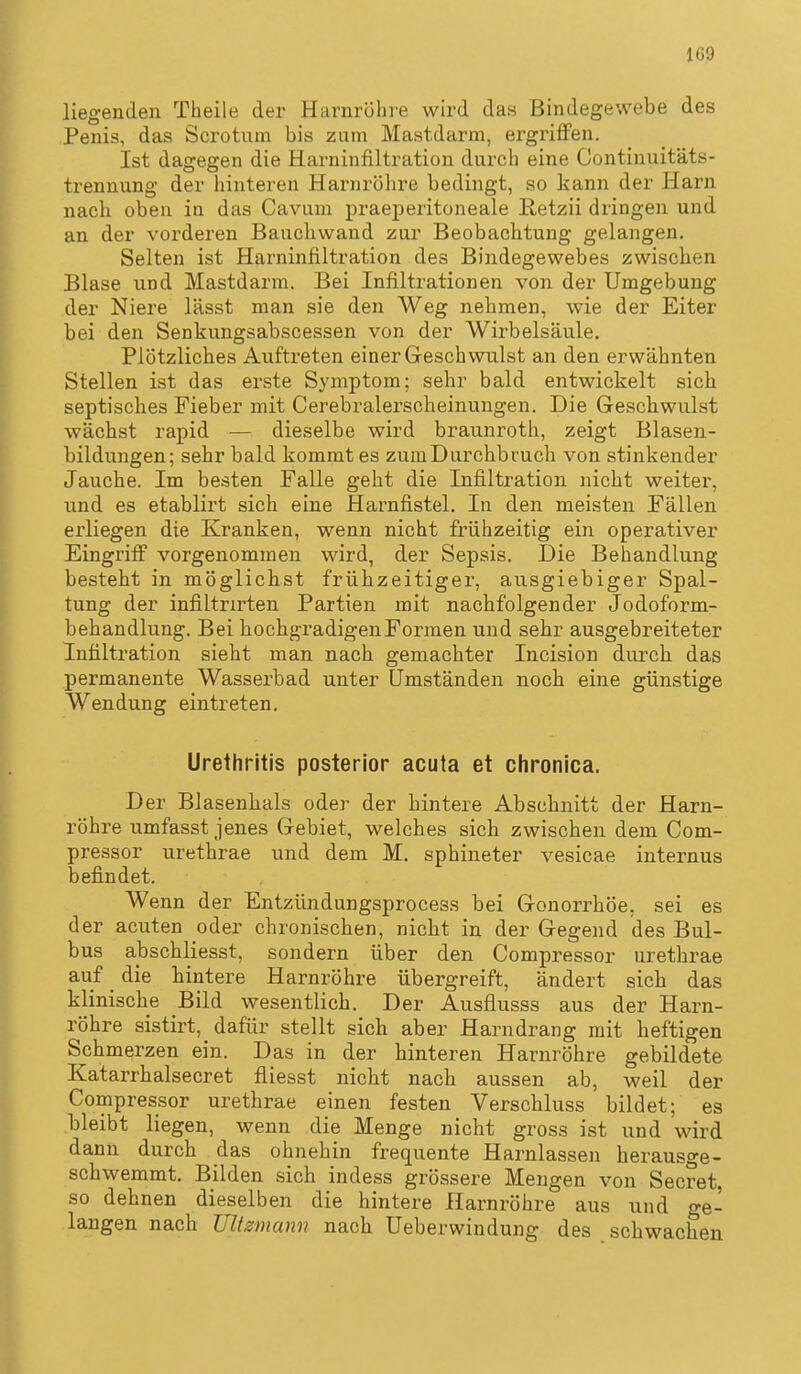 liegenden Theile der Harnröhre wird das Bindegewebe des Penis, das Scrotum bis zum Mastdarm, ergriffen. Ist dagegen die Harninfiltration durch eine Continuitäts- trennung der hinteren Harnröhre bedingt, so kann der Harn nach oben in das Caviim praeperitoneale ßetzii dringen und an der vorderen Bauchwand zur Beobachtung gelangen. Selten ist Harninfiltration des Bindegewebes zwischen Blase und Mastdarm. Bei Infiltrationen von der Umgebung der Niere lässt man sie den Weg nehmen, wie der Eiter bei den Senkungsabscessen von der Wirbelsäule. Plötzliches Auftreten einer Geschwulst an den erwähnten Stellen ist das erste Symptom; sehr bald entwickelt sich septisches Fieber mit Cerebralerscheinungen. Die Geschwulst wächst rapid — dieselbe wird braunroth, zeigt Blasen- bildungen; sehr bald kommt es zum Durchbruch von stinkender Jauche. Im besten Falle geht die Infiltration nicht weiter, und es etablirt sich eine Harnfistel. In den meisten Fällen erliegen die Kranken, wenn nicht frühzeitig ein operativer Eingriff vorgenommen wird, der Sepsis. Die Behandlung besteht in möglichst frühzeitiger, ausgiebiger Spal- tung der infiltrirten Partien mit nachfolgender Jodoform- behandlung. Bei hochgradigen Formen und sehr ausgebreiteter Infiltration sieht man nach gemachter Incision durch das permanente Wasserbad unter Umständen noch eine günstige Wendung eintreten. Urethritis posterior acuta et chronica. Der Blasenhals oder der hintere Abschnitt der Harn- röhre umfasst jenes Gebiet, welches sich zwischen dem Com- pressor iirethrae und dem M. sphineter vesicae internus befindet. Wenn der Entzündungsprocess bei Gonorrhöe, sei es der acuten oder chronischen, nicht in der Gegend des Bul- bus abschüesst, sondern über den Compressor urethrae auf die hintere Harnröhre übergreift, ändert sich das klinische Bild wesentlich. Der Ausflusss aus der Harn- röhre sistirt, dafür stellt sich aber Harndrang mit heftigen Schmerzen ein. Das in der hinteren Harnröhre gebildete Katarrhalsecret fliesst nicht nach aussen ab, weil der Compressor urethrae einen festen Verschluss bildet; es bleibt liegen, wenn die Menge nicht gross ist und wird dann durch das ohnehin frequente Harnlassen herausge- schwemmt. Bilden sich indess grössere Mengen von Secret, so dehnen dieselben die hintere Harnröhre aus und ge- langen nach Ultzmann nach Ueberwindung des schwachen