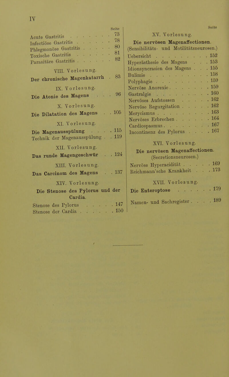 IV Reite Acute Gastritis Infectiöse Gastritis ^° Phlegmonöse Gastritis Toxisclie Gastritis °\ Parasitäre Gastritis °^ VIII. Vorlesung. Der chronische Magenkatarrh . 83 IX. Vorlesung. Die Atonie des Magens ... 96 X. Vorlesung. Die Dilatation des Magens . . 105 XI. Vorlesung. Die Magenausspülung • • • • Hö Technik der Magenausspülung . . 119 XII. Vorlesung. Das runde Magengeschwür . . 124 XIII. Vorlesung. Das Carcinom des Magens . . 137 XIV. Vorlesung. Die Stenose des Pylorus und der Gardia. Stenose des Pylorus 147 Stenose der Cardia 150 Seite XV. Vorlesung. Die nervösen Magenaffectionen. (Sensibilitäts- und Motilitätsneurosen.) Uebersicht 152 Hyperästhesie des Magens . . . 153 Idionsyncrasien des Magens . . . 155 Bulimie 158 Polyphagie 159 Nervöse Anorexie 159 Gastralgie 160 Nervöses Aufstossen 162 Nervöse Regurgitation 162 Merycismus 163 Nervöses Erbrechen 164: Cardiospasmus 167 Incontinenz des Pylorus . . . .167 XVI. Vorlesung. Die nervösen Magenaffectionen. (Secretionsneurosen.) Nervöse Hyperacidität . . Reichmann'sche Krankheit XVII. Vorlesung Die Enteroptose . . • Namen- und Sachregister . 169 . 173 179 189