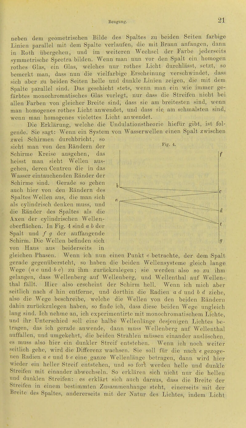 Beugung. neben dem geometrischen Bilde des Spaltes zu beiden Seiten farbige Linien parallel mit dem Spalte verlaufen, die mit Braun anfangen, dann in Itotb übergehen, und im weiteren Wechsel der Barbe jederseits symmetrische Spoctra bilden. Wenn man nun vor den Spalt ein homogen rothes Glas, ein Glas, welches nur rothes Licht dnrehlässt, setzt, so bemerkt man, dass nun die vielfarbige Erscheinung verschwindet, dass sich aber zu beiden Seiten helle und dunkle Linien zeigen, die mit dem Spalte parallel sind. Das geschieht stets, wenn man ein wie immer ge- färbtes monochromatisches Glas vorlegt, nur dass die Streifen nicht bei allen Barben von gleicher Breite sind, dass sie am breitesten sind, wenn man homogenes rothes Licht amvendet, und dass sie. am schmälsten sind, wenn man homogenes violettes Licht anwendet. Die Erklärung, welche die Undulationstheorie hiefür gibt, ist fol- gende. Sie sagt: Wenn ein System von Wasserwellen einen Spalt zwischen zwei Schirmen durchbricht, so sicht man von den Bändern der Schirme Kreise ausgehen, das heisst man sieht Wellen aus- gehen, deren Centren die in das Wasser eintauchenden Bänder der Schirme sind. Gerade so gehen auch hier von den Bändern des Spaltes Wellen aus, die man sich als cylindrisch denken muss, und die Bänder des Spaltes als die .\xen der cylindrischen Wellen- oberfläohen. In Big. 4 sind a h der Spalt und / (j der auffangende Schirm. Die Wellen befinden sich von Hans aus beiderseits in gleichen Phasen. Wenn ich nun gerade gegenübersteht, so haben Wege (« c und b c) zu ihm zurückzulegeu gelangen, dass Wellenberg auf Wellenberg, einen Punkt n betrachte, der dem Spalt die beiden Wellensysteme gleich lange sie werden also so zu ihm und Wellenthal auf Wellen- thal fällt. Hier also erscheint der Schirm hell. Wenn ich mich aber seitlich nach d hin entferne, und dorthin die Badien a d und h d ziehe, also die Wege beschreibe, welche die Wellen von den beiden Bändern dahin zurückzulcgen haben, so finde ich, dass diese beiden Wege ungleich lang sind. Ich nehme an, ich experimentirte mit monochromatischem Lichte, Wellenlänge muss Wellenberg desjenigen Lichtes be- auf Wellenthal und ihr Unterschied soll eine halbe tragen, das ich gerade anwende, dann auffallen, und umgekehrt, die beiden Strahlen müssen einander auslöschen, cs muss also hier ein dunkler Streif entstehen. Wenn ich noch weiter seitlich gehe, wird die Differenz wachsen. Sic soll für die nach e gezoo-e- ^ O Ö nen Radien a e und b e eine ganze Wellenlänge betragen, dann wird hier wieder ein heller Streif entstehen, und so fort werden helle und dunkle Streifen mit einander abwechseln. So erklären sich nicht nur die hellen und dunklen Streifen: es erklärt sich auch daraus, dass die Breite der Streifen in einem bestimmten Zusammenhänge steht, einerseits mit der Breite des Spaltes, andererseits mit der Natur des Lichtes, indem Licht