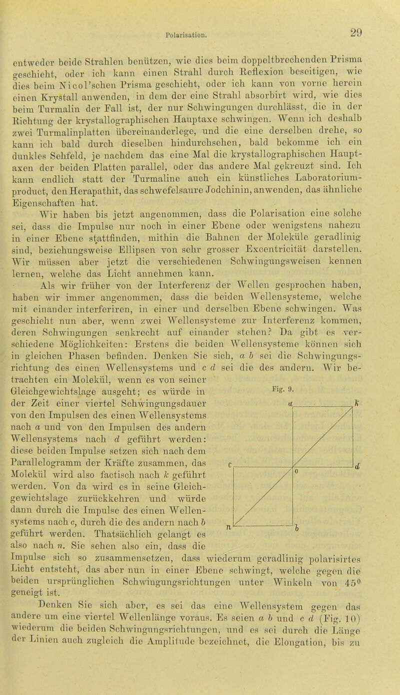 entweder beide Strahlen benützen, wie dies beim doppeltbrechenden Prisma geschieht, oder ich kann einen Strahl durch Reflexion beseitigen, wie dies beim Nicol’schen Prisma geschieht, oder ich kann von vorne herein einen Krystall auwenden, in dem der eine Strahl absorbirt wird, wie dies beim Turmalin der Fall ist, der nur Schwingungen durchlässt, die in der Richtung der krystallographischen Hauptaxe schwingen. Wenn ich deshalb zwei Turmalinplatten übereinanderlege, und die eine derselben drehe, so kann ich bald durch dieselben hindurchsehen, bald bekomme ich ein dunkles Sehfeld, je nachdem das eine Mal die krystallographischen Haupt- axen der beiden Platten parallel, oder das andere Mal gekreuzt sind. Ich kann endlich statt der Turmaline auch ein künstliches Laboratorium- product, den Herapathit, das schwefelsaure Jodchinin, anwenden, das ähnliche Eigenschaften hat. Wir haben bis jetzt angenommen, dass die Polarisation eine solche sei, dass die Impulse nur noch in einer Ebene oder wenigstens nahezu in einer Ebene stattfinden, mithin die Bahnen der Moleküle geradlinig sind, beziehungsweise Ellipsen von sehr grosser Excentricität darstellen. Wir müssen aber jetzt die verschiedenen Schwingungsweisen kennen lernen, welche das Licht annehmen kann. Als wir früher von der Interferenz der Wellen gesprochen haben, haben wir immer angenommen, dass die beiden Wellensysteme, welche mit einander interferiren, in einer und derselben Ebene schwingen. Was geschieht nun aber, wenn zwei Wellensysteme zur Interferenz kommen, deren Schwingungen senkrecht auf einander stehen? Da gibt es ver- schiedene Möglichkeiten: Erstens die beiden Wellcnsysterac können sich in gleichen Phasen befinden. Denken Sie sich, a b sei die Scliwingungs- richtung des einen Wellensystems und c cl sei die des andeni. Wir be- trachten ein Molekül, wenn es von seiner Gleichgewichtslage ausgeht; es würde in der Zeit einer viertel Sehwingungsdauer von den Impulsen des einen Wellensystems nach a und von den Impulsen des andern Wellensystems nach d geführt werden: diese beiden Impulse setzen sich nach dem Parallelogramm der Kräfte zusammen, das Molekül wird also factisch nach k geführt werden. Von da wird es in seine Gleich- gewichtslage zurückkehreir und würde dann durch die Impulse des einen Wellen- systems nach c, durch die des andern nach b geführt werden. Thatsächlich gelangt es also nach n. Sie sehen also ein, dass die Impulse sich so zusammensetzen, dass wiederum geradlinig polarisirtes Licht entsteht, das aber nun in einer Ebene schwingt, welche gegen die beiden urspi’ünglichen Schwingungsrichtungen unter Winkeln von lö geneigt ist. Denken Sie sich aber, es sei das eine Wellensystem gegen das andere um eine viertel Wellenlänge voraus. Es seien a b und c d (Fig. 10) wiederum die beiden Schwingungsrichtungon, und es sei durch die Länge der Linien auch zugleich die Amplilude bezeichnet, die Elongation, bis zu