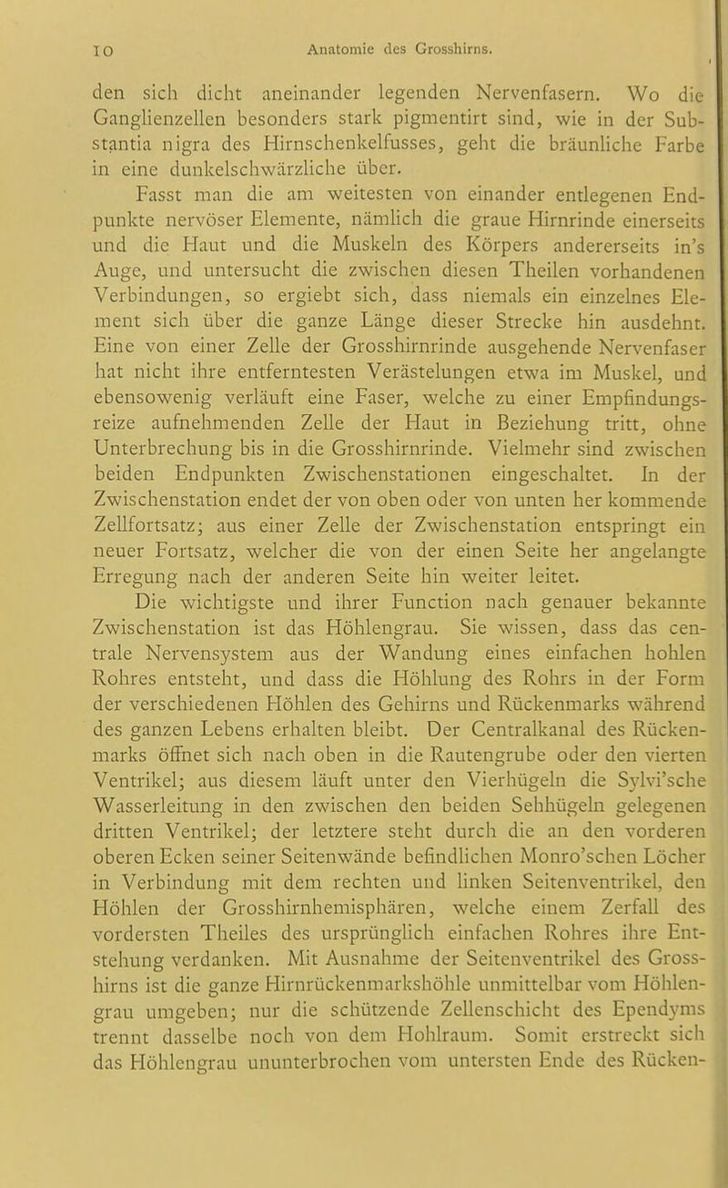 den sich dicht aneinander legenden Nervenfasern. Wo die Ganghenzellen besonders stark pigmentirt sind, wie in der Sub- stantia nigra des Hirnschenkelfusses, geht die bräunUche Farbe in eine dunkelscliwärzUche über. Fasst man die am weitesten von einander entlegenen End- punkte nervöser Elemente, nämUch die graue Hirnrinde einerseits und die Haut und die Muskeln des Körpers andererseits in's Auge, und untersucht die zwischen diesen Theilen vorhandenen Verbindungen, so ergiebt sich, dass niemals ein einzelnes Ele- ment sich über die ganze Länge dieser Strecke hin ausdehnt. Eine von einer Zelle der Grosshirnrinde ausgehende Nervenfaser hat nicht ihre entferntesten Verästelungen etwa im Muskel, und ebensowenig verläuft eine Faser, welche zu einer Empfindungs- reize aufnehmenden Zelle der Haut in Beziehung tritt, ohne Unterbrechung bis in die Grosshirnrinde. Vielmehr sind zwischen beiden Endpunkten Zwischenstationen eingeschaltet. In der Zwischenstation endet der von oben oder von unten her kommende Zellfortsatz; aus einer Zelle der Zwischenstation entspringt ein neuer Fortsatz, welcher die von der einen Seite her angelangte Erregung nach der anderen Seite hin weiter leitet. Die wichtigste und ihrer Function nach genauer bekannte Zwischenstation ist das Höhlengrau. Sie wissen, dass das cen- trale Nervensystem aus der Wandung eines einfachen hohlen Rohres entsteht, und dass die Höhlung des Rohrs in der Form der verschiedenen Höhlen des Gehirns und Rückenmarks während des ganzen Lebens erhalten bleibt. Der Centraikanal des Rücken- marks öffnet sich nach oben in die Rautengrube oder den vierten Ventrikel; aus diesem läuft unter den Vierhügeln die Sylvi'sche Wasserleitung in den zwischen den beiden Sehhügeln gelegenen dritten Ventrikel; der letztere steht durch die an den vorderen oberen Ecken seiner Seitenwände befindlichen Monro'schen Löcher in Verbindung mit dem rechten und hnken Seitenventrikel, den Höhlen der Grosshirnhemisphären, welche einem Zerfall des vordersten Theiles des ursprünghch einfachen Rohres ihre Ent- stehung verdanken. Mit Ausnahme der Seitenventrikel des Gross- hirns ist die ganze Hirnrückenmarkshöhle unmittelbar vom Höhlen- grau umgeben; nur die schützende Zellenschicht des Ependyms trennt dasselbe noch von dem Hohlraum. Somit erstreckt sich das Höhlengrau ununterbrochen vom untersten Ende des Rücken-