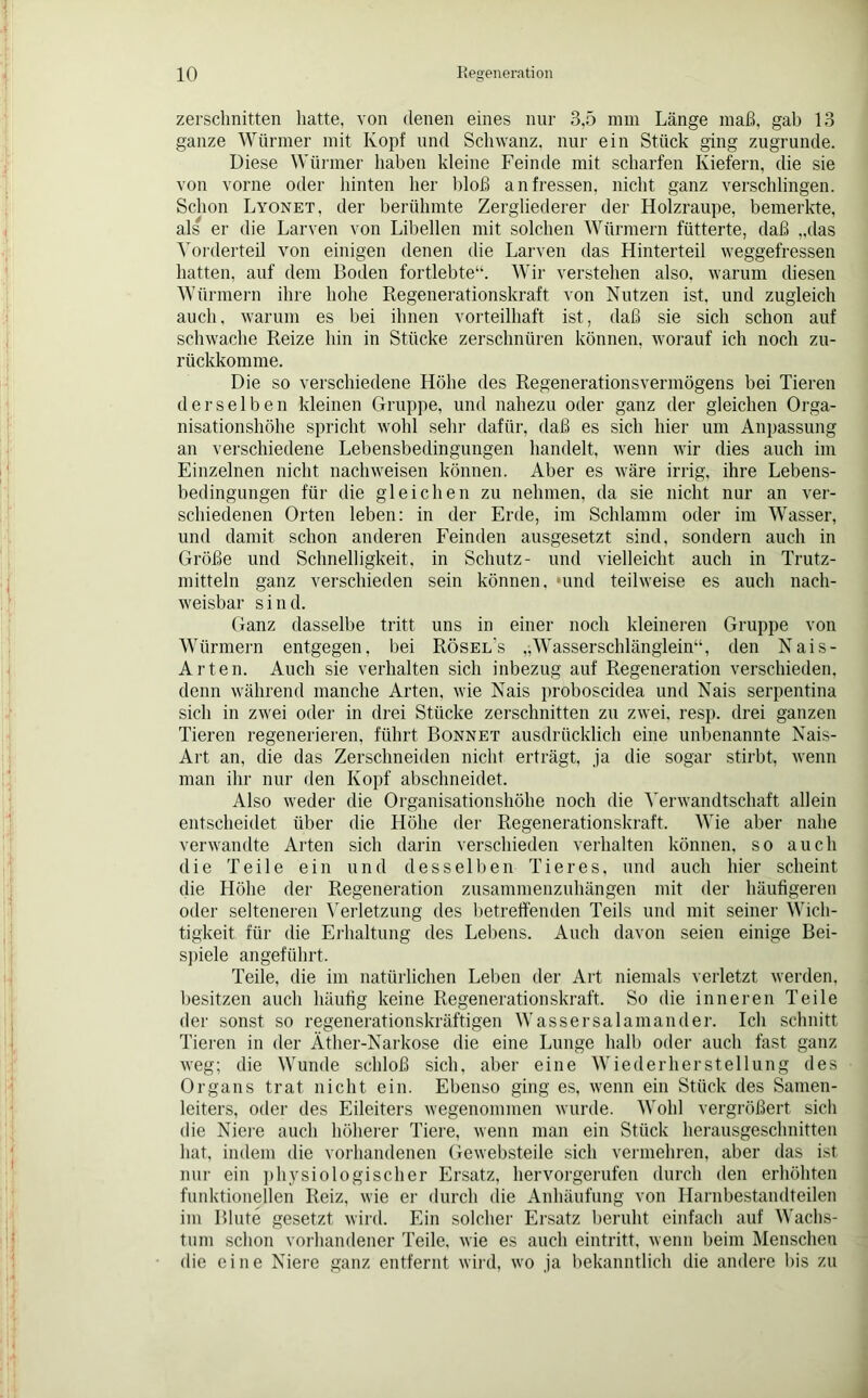 zerschnitten hatte, von denen eines nur 3,5 mm Länge maß, gab 13 ganze Würmer mit Kopf und Schwanz, nur ein Stück ging zugrunde. Diese Würmer haben kleine Feinde mit scharfen Kiefern, die sie von vorne oder hinten her bloß an fressen, nicht ganz verschlingen. Schon Lyonet, der berühmte Zergliederer der Holzraupe, bemerkte, als er die Larven von Libellen mit solchen Würmern fütterte, daß „das Vorderteil von einigen denen die Larven das Hinterteil weggefressen hatten, auf dem Boden fortlebte“. Wir verstehen also, warum diesen Würmern ihre hohe Regenerationskraft von Nutzen ist, und zugleich auch, warum es bei ihnen vorteilhaft ist, daß sie sich schon auf schwache Reize hin in Stücke zerschnüren können, worauf ich noch zu- rückkomme. Die so verschiedene Höhe des Regenerationsvermögens bei Tieren derselben kleinen Gruppe, und nahezu oder ganz der gleichen Orga- nisationshöhe spricht wohl sehr dafür, daß es sich hier um Anpassung an verschiedene Lebensbedingungen handelt, wenn wir dies auch im Einzelnen nicht nachweisen können. Aber es wäre irrig, ihre Lebens- bedingungen für die gleichen zu nehmen, da sie nicht nur an ver- schiedenen Orten leben: in der Erde, im Schlamm oder im Wasser, und damit schon anderen Feinden ausgesetzt sind, sondern auch in Größe und Schnelligkeit, in Schutz- und vielleicht auch in Trutz- mitteln ganz verschieden sein können, und teilweise es auch nach- weisbar sind. Ganz dasselbe tritt uns in einer noch kleineren Gruppe von Würmern entgegen, bei Rösel’s „Wasserschlänglein“, den Nais- Arten. Auch sie verhalten sich inbezug auf Regeneration verschieden, denn während manche Arten, wie Nais proboscidea und Nais serpentina sich in zwei oder in drei Stücke zerschnitten zu zwei, resp. drei ganzen Tieren regenerieren, führt Bonnet ausdrücklich eine unbenannte Nais- Art an, die das Zerschneiden nicht erträgt, ja die sogar stirbt, wenn man ihr nur den Kopf abschneidet. Also weder die Organisationshöhe noch die Verwandtschaft allein entscheidet über die Höhe der Regenerationskraft, Wie aber nahe verwandte Arten sich darin verschieden verhalten können, so auch die Teile ein und desselben Tieres, und auch hier scheint die Höhe der Regeneration zusammenzuhängen mit der häufigeren oder selteneren Verletzung des betreffenden Teils und mit seiner Wich- tigkeit für die Erhaltung des Lebens. Auch davon seien einige Bei- spiele angeführt. Teile, die im natürlichen Leben der Art niemals verletzt werden, besitzen auch häufig keine Regenerationskraft. So die inneren Teile der sonst so regenerationskräftigen Wasser salamander. Ich schnitt Tieren in der Äther-Narkose die eine Lunge halb oder auch fast ganz weg; die Wunde schloß sich, aber eine Wiederherstellung des Organs trat nicht ein. Ebenso ging es, wenn ein Stück des Samen- leiters, oder des Eileiters wegenommen wurde. Wohl vergrößert sich die Niere auch höherer Tiere, wenn man ein Stück herausgeschnitten hat, indem die vorhandenen Gewebsteile sich vermehren, aber das ist nur ein physiologischer Ersatz, hervorgerufen durch den erhöhten funktionellen Reiz, wie er durch die Anhäufung von Harnbestandteilen im Blute gesetzt wird. Ein solcher Ersatz beruht einfach auf Wachs- tum schon vorhandener Teile, wie es auch eintritt, wenn beim Menschen die eine Niere ganz entfernt wird, wo ja bekanntlich die andere bis zu