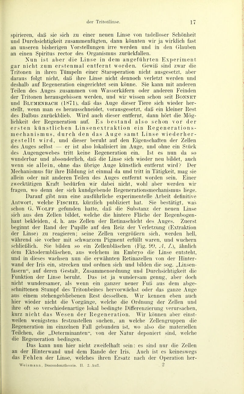 spirieren, daß sie sich zu einer neuen Linse von tadelloser Schönheit und Durchsichtigkeit zusammenfügten, dann könnten wir ja wirklich fast an unseren bisherigen Vorstellungen irre werden und in den Glauben an einen Spiritus rector des Organismus zurückfallen. Nun ist aber die Linse in dein angeführten Experiment gar nicht zum erstenmal entfernt worden. Gewiß sind zwar die Tritonen in ihren Tümpeln einer Staroperation nicht ausgesetzt, aber daraus folgt nicht, daß ihre Linse nicht dennoch verletzt werden und deshalb auf Regeneration eingerichtet sein könne. Sie kann mit anderen Teilen des Auges zusammen von Wasserkäfern oder anderen Feinden der Tritonen herausgebissen werden, und wir wissen schon seit Bonnet und Blumenbach (1871), daß das Auge dieser Tiere sich wieder her- stellt, wenn man es herausschneidet, vorausgesetzt, daß ein kleiner Rest des Bulbus zurückblieb. Wird auch dieser entfernt, dann hört die Mög- lichkeit der Regeneration auf. Es bestand also schon vor der ersten künstlichen Linsenextraktion ein Regenerations- mechanismus, durch den das Auge samt Linse wiederher- gestellt wird, und dieser beruht auf den Eigenschaften der Zellen des Auges selbst — er ist also lokalisiert im Auge, und ohne ein Stück des Augengewebes tritt keine Regeneration ein. Ist es nun da so wunderbar und absonderlich, daß die Linse sich wieder neu bildet, auch wenn sie allein, ohne das übrige Auge künstlich entfernt wird? Der Mechanismus für ihre Bildung ist einmal da und tritt in Tätigkeit, mag sie allein oder mit anderen Teilen des Auges entfernt worden sein. Einer zwecktätigen Kraft bedürfen wir dabei nicht, wohl aber werden wir fragen, wo denn der sich kundgebende Regenerationsmechanismus liege. Darauf gibt nun eine ausführliche experimentelle Arbeit definitive Antwort, welche Fischel kürzlich publiziert hat. Sie bestätigt, was schon G. Wolff gefunden hatte, daß die Substanz der neuen Linse sich aus den Zellen bildet, welche die hintere Fläche der Regenbogen- haut bekleiden, d. h. aus Zellen der Retinaschicht des Auges. Zuerst beginnt der Rand der Pupille auf den Reiz der Verletzung (Extraktion der Linse) zu reagieren; seine Zellen vergrößern sich, werden hell, während sie vorher mit schwarzem Pigment erfüllt waren, und wuchern schließlich. Sie bilden so ein Zellenbläschen (Fig. 99. A, L), ähnlich dem Ektodermbläschen, aus welchem im Embryo die Linse entsteht, und in dieses wachsen nun die erwähnten Retinazellen von der Hinter- wand der Iris ein, strecken und ordnen sich und bilden die sog. „Linsen- fasern“, auf deren Gestalt, Zusammenordnung und Durchsichtigkeit die Funktion der Linse beruht. Das ist ja wundersam genug, aber doch nicht wundersamer, als wenn ein ganzer neuer Fuß aus dem abge- schnittenen Stumpf des Tritonbeines hervorwächst oder das ganze Auge aus einem stehengebliebenen Rest desselben. Wir kennen eben auch hier wieder nicht die Vorgänge, welche die Ordnung der Zellen und ihre oft so verschiedenartige lokal bedingte Differenzierung verursachen, kurz nicht das Wesen der Regeneration. Wir können aber einst- weilen wenigstens festzustellen suchen, an welche Zellengruppen die Regeneration im einzelnen Fall gebunden ist, wo also die materiellen Teilchen, die „Determinanten, von der Natur deponiert sind, welche die Regeneration bedingen. Das kann nun hier nicht zweifelhaft sein: es sind nur die Zellen an der Hinterwand und dem Rande der Iris. Auch ist es keineswegs das Fehlen der Linse, welches ihren Ersatz nach der Operation her- Veismann, Deszendenztheorie. II. 2. Aull. 2