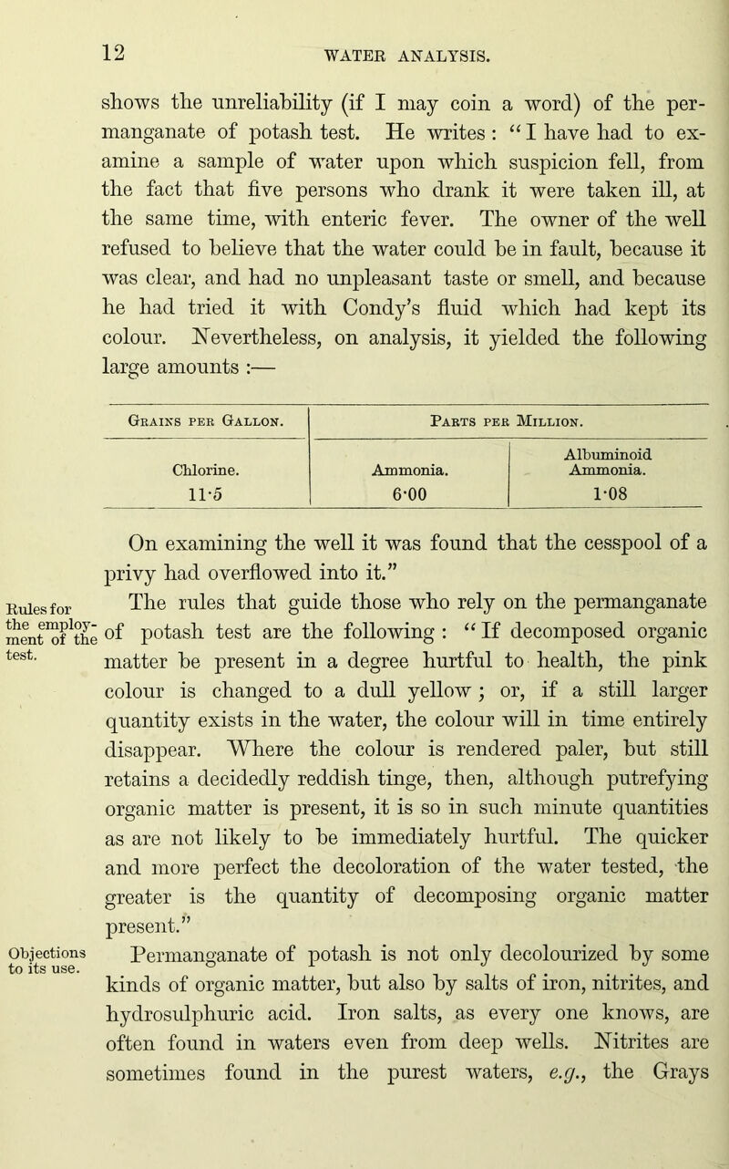 shows the unreliability (if I may coin a word) of the per- manganate of potash test. He writes : “I have had to ex- amine a sample of water upon which suspicion fell, from the fact that five persons who drank it were taken ill, at the same time, with enteric fever. The owner of the well refused to believe that the water could he in fault, because it was clear, and had no unpleasant taste or smell, and because he had tried it with Condy’s fluid which had kept its colour. Nevertheless, on analysis, it yielded the following large amounts :— Grains per Gallon. Parts per Million. Chlorine. Ammonia. Albuminoid Ammonia. 11-5 6-00 1*08 On examining the well it was found that the cesspool of a privy had overflowed into it.” Rules for The rules that guide those who rely on the permanganate ment^the °f potash test are the following : “ If decomposed organic test. matter he present in a degree hurtful to health, the pink colour is changed to a dull yellow; or, if a still larger quantity exists in the water, the colour will in time entirely disappear. Where the colour is rendered paler, but still retains a decidedly reddish tinge, then, although putrefying organic matter is present, it is so in such minute quantities as are not likely to he immediately hurtful. The quicker and more perfect the decoloration of the water tested, the greater is the quantity of decomposing organic matter present.” Objections Permanganate of potash is not only decolourized by some kinds of organic matter, but also by salts of iron, nitrites, and hydrosulphuric acid. Iron salts, as every one knows, are often found in waters even from deep wells. Nitrites are sometimes found in the purest waters, e.g., the Grays