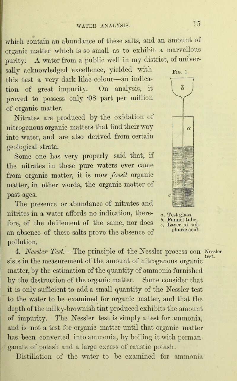 Fig. 1. which, contain an abundance of these salts, and an amount of organic matter which is so small as to exhibit a marvellous purity. A water from a public well in my district, of univer- sally acknowledged excellence, yielded with this test a very dark lilac colour—an indica- tion of great impurity. On analysis, it proved to possess only *08 part per million of organic matter. Nitrates are produced by the oxidation of nitrogenous organic matters that find their way into water, and are also derived from certain geological strata. Some one has very properly said that, if the nitrates in these pure waters ever came from organic matter, it is now fossil organic matter, in other words, the organic matter of past ages. The presence or abundance of nitrates and nitrites in a water affords no indication, there- fore, of the defilement of the same, nor does an absence of these salts prove the absence of pollution. 4. Nessler Test.—The principle of the Nessler process con- sists in the measurement of the amount of nitrogenous organic matter, by the estimation of the quantity of ammonia furnished by the destruction of the organic matter. Some consider that it is only sufficient to add a small quantity of the Nessler test to the water to be examined for organic matter, and that the depth of the milky-brownish tint produced exhibits the amount of impurity. The Nessler test is simply a test for ammonia, and is not a test for organic matter until that organic matter has been converted into ammonia, by boiling it with perman- ganate of potash and a large excess of caustic potash. Distillation of the water to be examined for ammonia a. Test glass. b. Funnel tube. c. Layer of sul- phuric acid. Nessler test.