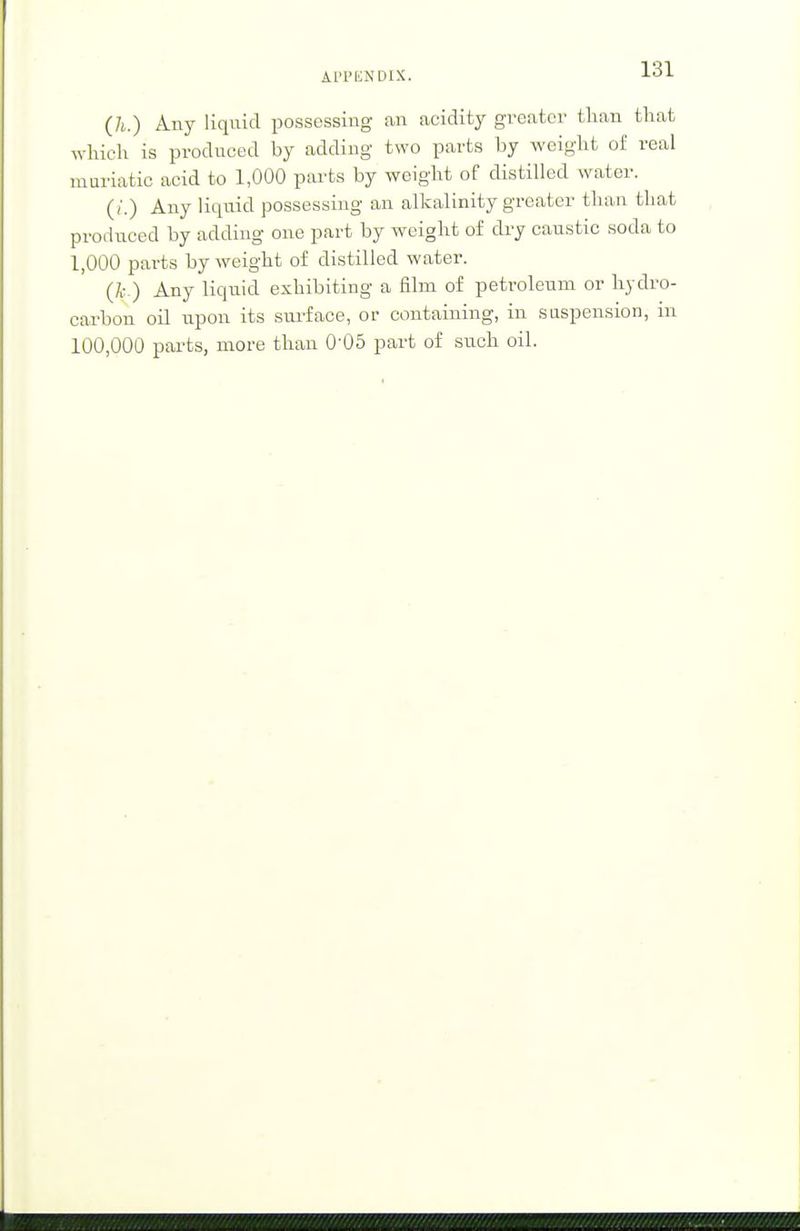 ALTKNDIX. (7t.) Any liquid possessing an acidity greater than that which is produced by adding two parts by weight of real muriatic acid to 1,000 parts by weight of distilled water. (/.) Any liquid possessing an alkalinity greater than that produced by adding one part by weight of dry canstic soda to 1,000 parts by weight of distilled water. (k.) Any liquid exhibiting a film of petroleum or hydro- carbon oil upon its surface, or containing, in suspension, in 100,000 parts, more than 0'05 part of such oil.