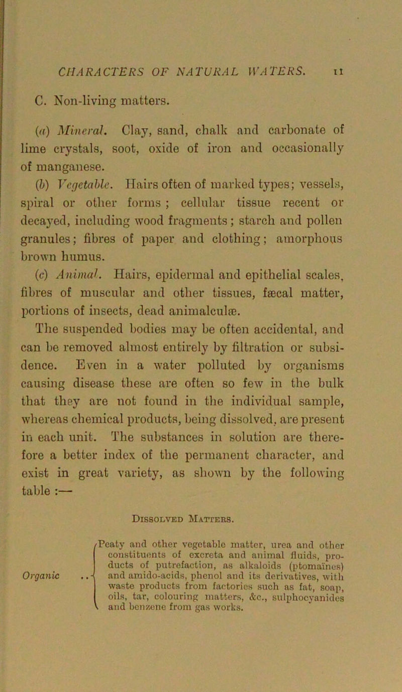 C. Non-living matters. (a) Mineral. Clay, sand, chalk and carbonate of lime crystals, soot, oxide of iron and occasionally of manganese. (b) Vegetable. Hairs often of marked types; vessels, spiral or other forms ; cellular tissue recent or decayed, including wood fragments ; starch and pollen granules; fibres of paper and clothing; amorphous brown humus. (c) Animal. Hairs, epidermal and epithelial scales, fibres of muscular and other tissues, faecal matter, portions of insects, dead animalcul®. The suspended bodies may be often accidental, and can be removed almost entirely by filtration or subsi- dence. Even in a water polluted by organisms causing disease these are often so few in the bulk that they are not found in the individual sample, whereas chemical products, being dissolved, are present in each unit. The substances in solution are there- fore a better index of the permanent character, and exist in great variety, as shown by the following table :— Dissolved Matters. Organic /Peaty and other vegetable matter, urea and other constituents of excreta and animal fluids, pro- ducts of putrefaction, as alkaloids (ptomaines) .. and amido-acids, phenol and its derivatives, with waste products from factories such as fat, soap, oils, tar, colouring matters, &c., sulphocyanides V and benzene from gas works.