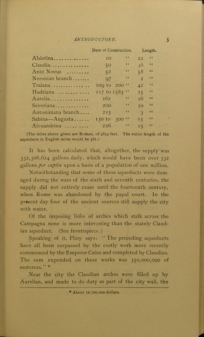 Date of Construction. Length. Alsietina . 10 i i 22 i 6 Claudia 50 i i 1-6 i i Anio Novus 52 i i 58 i ( Neronian branch 97 6 i 2 C i Traiana 109 to 200 “ 42 i i Hadriana 117 to 1585 “ 15 i i Aurelia . 162 i i 16 (i Severiana 200 i i 10 i i Antoniniana branch.... 215 i i 3 i i Sabina—Augusta 130 to 300 “ 15 i i Alexandrina 226 C i 15 4 i (The miles above given are Roman, of 4854 feet. The entire length of the aqueducts in English miles would be 381.1 It has been calculated that, altogether, the supply'was 332,306,624 gallons daily, which would have been over 332 gallons per capita upon a basis of a population of one million. Notwithstanding that some of these aqueducts were dam- aged during the wars of the sixth and seventh centuries, the supply did not entirely cease until the fourteenth century, when Rome was abandoned by the papal court. In the present day four of the ancient sources still supply the city with water. Of the imposing lines of arches which stalk across the Campagna none is more interesting than the stately Claud- ian aqueduct. (See frontispiece.) Speaking of it, Pliny says: ‘‘ The preceding aqueducts have all been surpassed by the costly work more recently commenced by the Emperor Caius and completed by Claudius. The sum expended on these works was 350,000,000 of sesterces. ’ ’ * Near the city the Claudian arches were filled up by Aurelian, and made to do duty as part of the city wall, the * About 12,700,000 dollars.