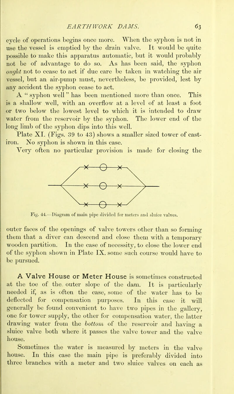 cycle of operations begins once more. When the syphon is not in use the vessel is emptied by the drain valve. It Avould be quite possible to make this apparatus automatic, but it would probably not be of advantage to do so. As has been said, the syphon ought not to cease to act if due care be taken in watching the air vessel, but an air-pump must, nevertheless, be provided, lest by any accident the syphon cease to act. A  syphon well has been mentioned more than once. This is a shallow well, with an overflow at a level of at least a foot or two below the lowest level to which it is intended to draw water from the reservoir by the syphon. The lower end of the long limb of the syphon dips into this well. Plate XI. (Figs. 39 to 43) shows a smaller sized tower of cast- iron. No syphon is shown in this case. Very often no particular provision is made for closing the y >< O X —<^—x O x ^*—e—x- Fig. 44.—Diagram of main pipe divided for meters and sluice valves. outer faces of the openings of valve towers other than so forming them that a diver can descend and close them with a temporary wooden partition. In the case of necessity, to close the lower end of the syphon shown in Plate IX. some such course would have to be pursued. A Valve House or Meter House is sometimes constructed at the toe of the outer slope of the dam. It is particularly needed if, as is often the case, some of the water has to be deflected for compensation purposes. In this case it will generally be found convenient to have two pipes in the gallery, one for tower supply, the other for compensation water, the latter drawing water from the bottom of the reservoir and havino- a sluice valve both where it passes the valve tower and the valve house. Sometimes the water is measured by meters in the valve house. In this case the main pipe is preferably divided into three branches with a meter and two sluice valves on each as