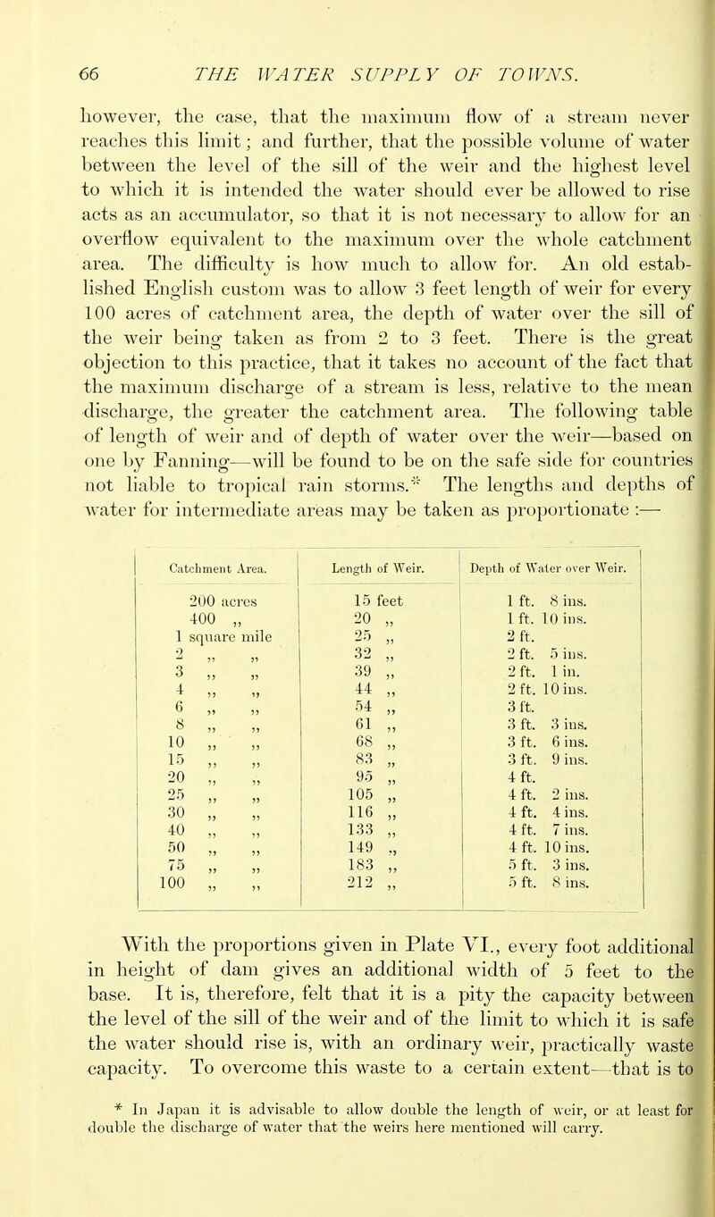 however, the case, that the maximum flow of a stream never reaches this limit; and further, that the possible volume of water between the level of the sill of the weir and the highest level to which it is intended the water should ever be allowed to rise acts as an accumulator, so that it is not necessary to allow for an overflow equivalent to the maximum over the whole catchment area. The difficulty is how much to allow for. An old estab- lished English custom was to allow 3 feet length of weir for every 100 acres of catchment area, the depth of water over the sill of the weir being taken as from 2 to 3 feet. There is the great objection to this practice, that it takes no account of the fact that the maximum discharge of a stream is less, relative to the mean discharge, the greater the catchment area. The following table of length of weir and of depth of water over the weir—based on one by Fanning—will be found to be on the safe side for countries not liable to tropical rain storms.' The lengths and depths of water for intermediate areas may be taken as proportionate :— Catchment Area. Length of Weir. Depth of Water over Weir. 200 acres 15 feet 1 ft. 8 ins. 400 „ 20 1ft. 10 ins. 1 square mile 25 » 2 ft. 2 11 11 32 11 2 ft. 5 ins. 3 )) 11 39 11 2 ft. 1 in. 4 )) )> 44 11 2 ft. 10 ins. 6 )) )) 54 )) 3 ft. 8 11 11 61 11 3 ft. 3 ins. 10 5) 11 68 11 3 ft. 6 ins. 15 11 11 83 11 3 ft. 9 ins. 20 n n 95 11 4 ft. 25 11 )> 105 11 4 ft. 2 ins. 30 )5 » 116 11 4 ft. 4 ins. 40 11 11 133 11 4 ft. 7 ins. 50 11 11 149 11 4 ft. 10 ins. 75 11 11 183 11 5 ft. 3 ins. 100 JJ 11 212 11 5 ft. 8 ins. With the proportions given in Plate VI., every foot additional in height of dam gives an additional width of 5 feet to the base. It is, therefore, felt that it is a pity the capacity between the level of the sill of the weir and of the limit to which it is safe] the water should rise is, with an ordinary weir, practically waste capacity. To overcome this waste to a certain extent—that is to * In Japan it is advisable to allow double the length of weir, or at least for double the discharge of water that the weirs here mentioned will cany.