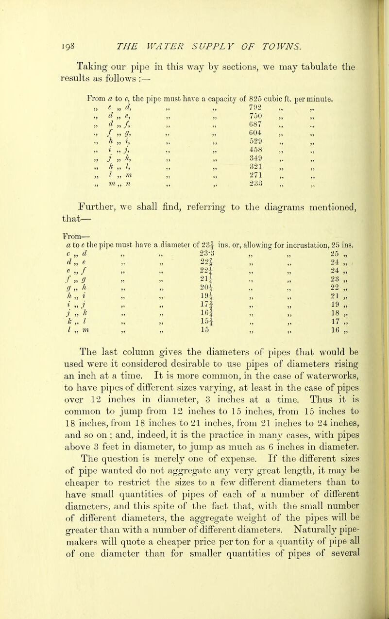 Taking our pipe in this way by sections, we may tabulate the results as follows :— From a to c, the pipe must have a capacity of 825 cubic ft. per minute. c „ d, d „ e, d „ /, f n ff, h „ t, • » h j „ h k „ I, I „ m m „ u 792 750 687 G04 529 458 349 321 271 233 Further, we shall find, referring to the diagrams mentioned, that— From— a to c the pipe must have a diameter of 23| ins. or, allowing for incrustation, 25 ins. c „ d ,, ,, 23'3 ,, ,, 25 „ d „ e ,. „ 221 » „ 24 „ e „/ „ a %2\ „ „ 24 „ f» 9 »  2I4 ., ,, 23 ,, !l „ h „ „ 20| ,, „ 22 „ >» 3 >i j> 1 • 4 >> )> 19 3 » k m „ ICf „ „ 18 „ S ^ j, 15f ,, ,, 17 ,, I „ m „ „ 15 „ „ 16 „ The last column gives the diameters of pipes that would be used were it considered desirable to use pipes of diameters rising an inch at a time. It is more common, in the case of waterworks, to have pipes of different sizes varying, at least in the case of pipes over 12 inches in diameter, 3 inches at a time. Thus it is common to jump from 12 inches to 15 inches, from 15 inches to 18 inches, from 18 inches to 21 inches, from 21 inches to 24 inches, and so on; and, indeed, it is the practice in many cases, with pipes above 3 feet in diameter, to jump as much as 6 inches in diameter. The question is merely one of expense. If the different sizes of pipe wanted do not aggregate any very great length, it may be cheaper to restrict the sizes to a few different diameters than to have small quantities of pipes of each of a number of different diameters, and this spite of the fact that, with the small number of different diameters, the aggregate weight of the pipes will be greater than with a number of different diameters. Naturally pipe- makers will quote a cheaper price per ton for a quantity of pipe all of one diameter than for smaller quantities of pipes of several