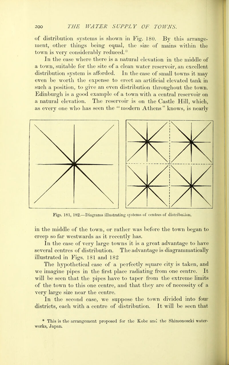 of distribution systems is shown in Fig. 180. By this arrange- ment, other things being equal, the size of mains within the town is very considerably reduced.' In the case where there is a natural elevation in the middle of a town, suitable for the site of a clean water reservoir, an excellent distribution system is afforded. In the case of small towns it may even be worth the expense to erect an artificial elevated tank in such a position, to give an even distribution throughout the town. Edinburgh is a good example of a town with a central reservoir on a natural elevation. The reservoir is on the Castle Hill, which, as every one who has seen the modern Athens knows, is nearly Figs. 181, 182.—Diagrams illustrating systems of centres of distribution. in the middle of the town, or rather was before the town began to creep so far westwards as it recently has. In the case of very large towns it is a great advantage to have several centres of distribution. The advantage is diagrammatically illustrated in Fig-s. 181 and 182 The hypothetical case of a perfectly square city is taken, and we imagine pipes in the first place radiating from one centre. It will be seen that the pipes have to taper from the extreme limits of the town to this one centre, and that they are of necessity of a very large size near the centre. In the second case, we suppose the town divided into four districts, each with a centre of distribution. It will be seen that * This is the arrangement proposed for the Kobe and the Shimonoseki water- works, Japan.