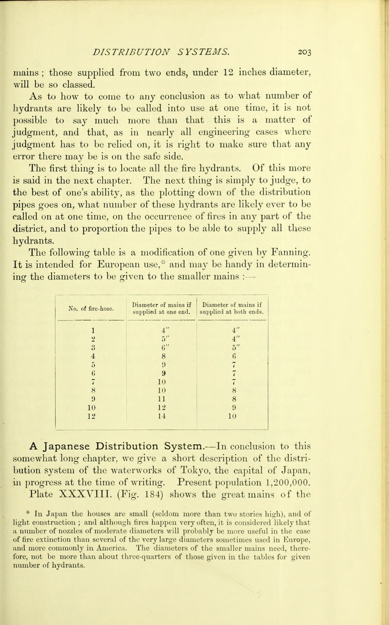 mains ; those supplied from two ends, under 12 inches diameter, will be so classed. As to how to come to any conclusion as to what number of hydrants are likely to be called into use at one time, it is not possible to say much more than that this is a matter of judgment, and that, as in nearly all engineering cases where judgment has to be relied on, it is right to make sure that any error there may be is on the safe side. The first thing is to locate all the fire hydrants. Of this more is said in the next chapter. The next thing is simply to judge, to the best of one's ability, as the plotting down of the distribution pipes goes on, what number of these hydrants are likely ever to be called on at one time, on the occurrence of fires in any part of the district, and to proportion the pipes to be able to supply all these hydrants. The following table is a modification of one given by Fanning. It is intended for European use,  and may be handy in determin- ing the diameters to be given to the smaller mains :— No. of fire-hose. Diameter of mains if supplied at one end. Diameter of mains if supplied at both ends. 1 4 4 2 5 4 3 6 5 4 8 6 5 9 < 6 9 I 7 10 7 8 10 8 9 11 8 10 12 9 12 14 10 A Japanese Distribution System.—In conclusion to this somewhat long chapter, we give a short description of the distri- bution system of the waterworks of Tokyo, the capital of Japan, in progress at the time of writing. Present population 1,200,000. Plate XXXVIII. (Fig. 184) shows the great mains of the * In Japan the houses are small (seldom more than two stories high), and of light construction ; and although fires happen very often, it is considered likely that a number of nozzles of moderate diameters will probably be more useful in the case of fire extinction than several of the very large diameters sometimes used in Europe, and more commonly in America. The diameters of the smaller mains need, there- fore, not be more than about three-quarters of those given in the tables for given number of hydrants.