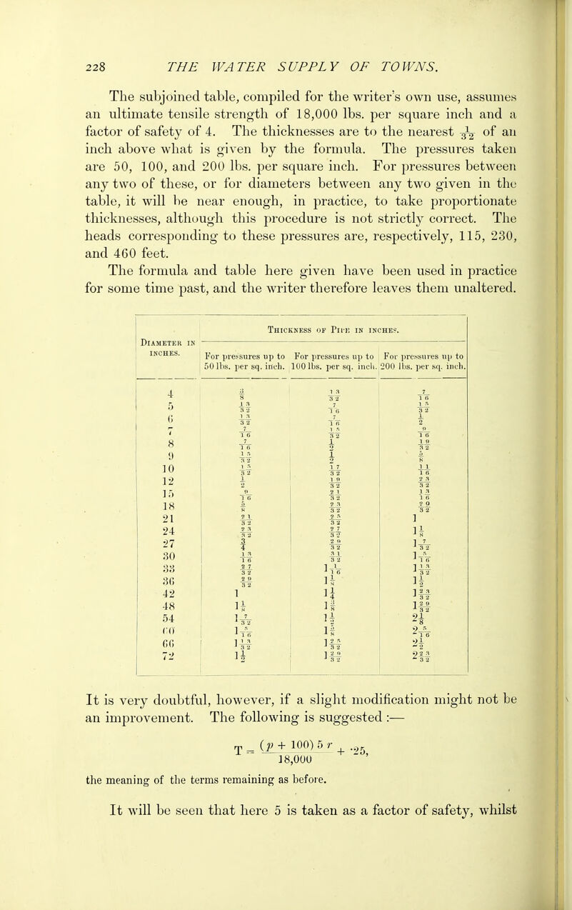 The subjoined table, compiled for the writer's own use, assumes an ultimate tensile strength of 18,000 lbs. per square inch and a factor of safety of 4. The thicknesses are to the nearest of an inch above what is given by the formula. The pressures taken are 50, 100, and 200 lbs. per square inch. For pressures between any two of these, or for diameters between any two given in the table, it will be near enough, in practice, to take proportionate thicknesses, although this procedure is not strictly correct. The heads corresponding to these pressures are, respectively, 115, 230, and 460 feet. The formula and table here given have been used in practice for some time past, and the writer therefore leaves them unaltered. Thickness of Piie in inches. DiAMETEK IN inches. , por presgures up to For pressures up to i For pressures up to 50 lbs. per sq. inch. 100 lbs. per sq. inch. 200 lbs. per sq. inch 9 10 12 15 18 21 24 27 30 38 36 42 48 54 CO 6G 7-2 3 2 J_A 3 2 _7_ 1 6 a 2 3 2 ] 0 5. S JLi 3 2 a a 1 6 2.7. 3 2 2 » 3 2 JUL 3 2 1 B 3 2 1 1 7 3 2 1 fl 3 2 2.-L 3 2 3 2 2 « 3 2 2.7 3 L> 2.JL 3 2 _?__!_ 3 2 We ii if If IK 1 B 1 S 3 2 2 8 1 1 1 6 •2 a 3 2 1A 1 6 3 2 2i - 2 9_2 3 *3! It is very doubtful, however, if a slight modification might not be an improvement. The following is suggested :— T _ (p + 100) 5 r 1 18,000 + -5' the meaning of the terms remaining as before. It will be seen that here 5 is taken as a factor of safety, whilst