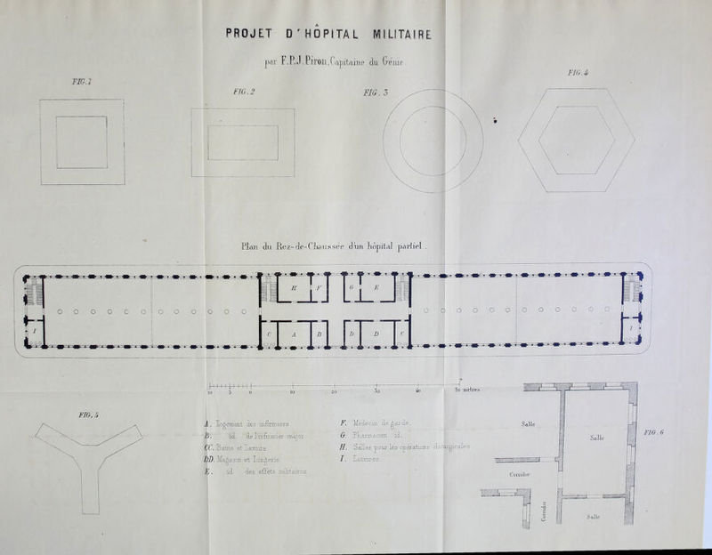 PROJET D r HOP FIG.] FIG . 2 FIG. 4 Plan dn Rez-de-Ch<rassee dim Ropital partiel . H-h-i4+++-H- 10 5 o 3o 4o 5o metres FIG. 5 A . Tenement ebs mfirmiers B. id., 'de linfirmier -major. GC. Bains et ii avoirs uD. IR^asin. et Lingerie. F. id. des effets lidiitaires F. Iviedeein de garde. G. PLarmacien id. R. Sadies pour les operations clarorgicales I. Latrines. FIG. 6