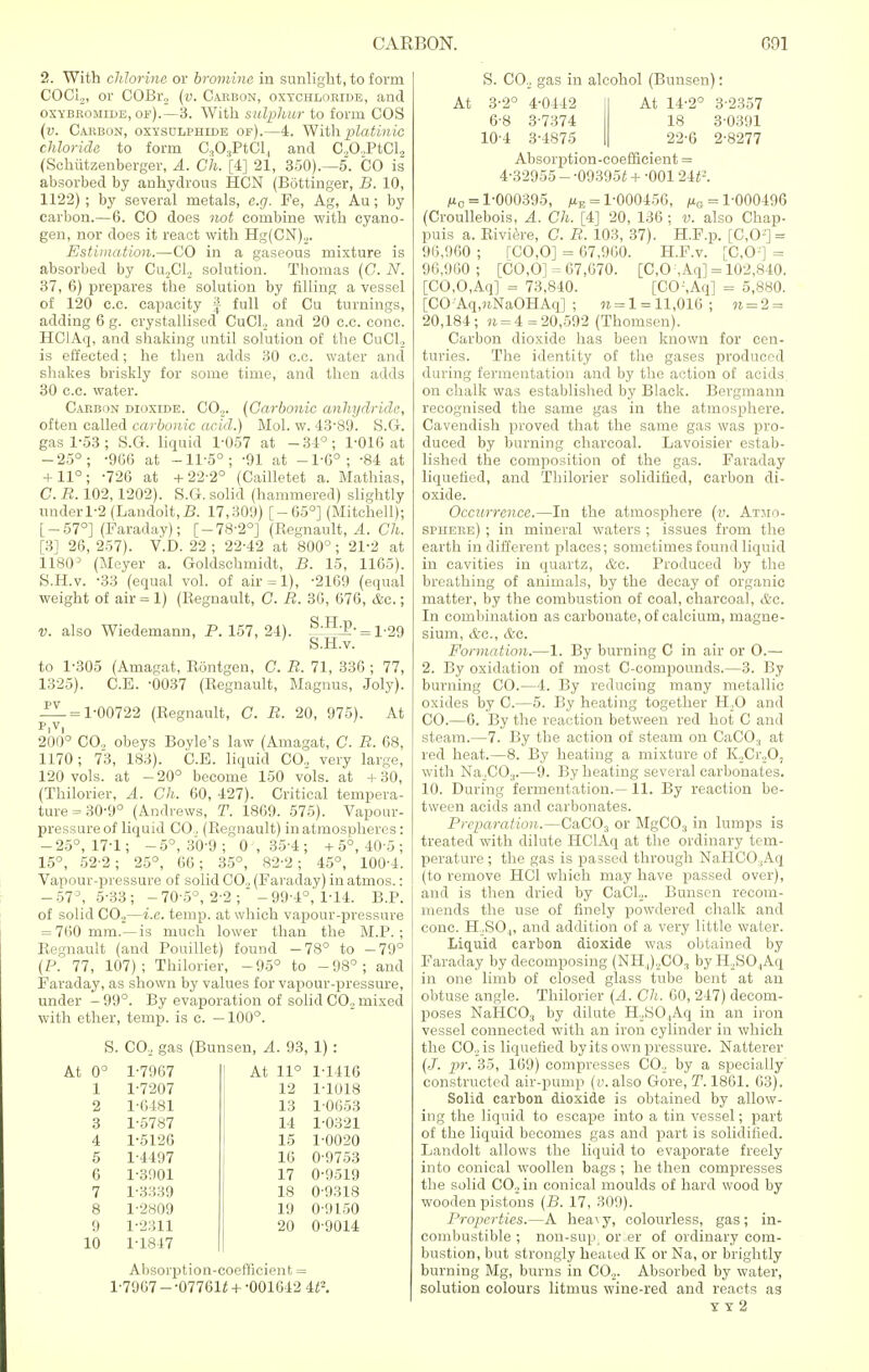 2. With chlorine or bromine in sunlight, to form COCio, or COBr., (v. Carbon, oxtchlobide, and oxybromide, of).—3. With sulphur to form COS (v. Carbon, oxysulphide of).—4. Withplatinic chloride to form C.,03PtCl4 and C,0.,PtCl2 (Schiitzenberger, A. Ch. [4] 21, 350).—5. CO is absorbed by anhydrous HCN (Bdttinger, B. 10, 1122) ; by several metals, e.g. Fe, Ag, Au; by carbon.—6. CO does not combine with cyano- gen, nor does it react with Hg(CN)2. Estimation.—CO in a gaseous mixture is absorbed by Cu2Cl2 solution. Thomas (G. N. 37, 6) prepares the solution by filling a vessel of 120 c.c. capacity % full of Cu turnings, adding 6 g. crystallised CuCl., and 20 c.c. cone. HCIAq, and shaking until solution of the CuCl2 is effected; he then adds 30 c.c. water and shakes briskly for some time, and then adds 30 c.c. water. Carbon dioxide. C02. (Carbonic anhydride, often called carbonic acid.) Mol. w. 43-89. S.G. gas 1-53; S.G. liquid 1-057 at -34°; 1-016 at -25°; -966 at -11-5°; -91 at -1-6°; -84 at + 11°; -726 at +22-2° (Cailletet a. Mathias, C. R. 102,1202). S.G. solid (hammered) slightly underl-2 (Landolt,23. 17,309) [-65°] (Mitchell); [-57°] (Faraday); [-78-2°] (Regnault, A. Ch. [3] 26, 257). V.D. 22; 22-42 at 800°; 21-2 at 1180D (Meyer a. Goldschmidt, B. 15, 1105). S.H.v. -33 (equal vol. of air = 1), -2169 (equal weight of air = 1) (Regnault, C. R. 36, 676, &c.; v. also Wiedemann, P. 157, 24). §S?■ = 1-29 ; S.H.v. to 1-305 (Amagat, Rontgen, C. R. 71, 336 ; 77, 1325). C.E. -0037 (Regnault, Magnus, Joly). — = 1-00722 (Regnault, C. R. 20, 975). At P V 200° CO., obeys Boyle's law (Amagat, C. R. 68, 1170; 73, 183). C.E. liquid CO., very large, 120 vols, at -20° become 150 vols, at +30, (Thilorier, A. Ch. 60, 427). Critical tempera- ture = 30-9° (Andrews, T. 1809. 575). Vapour- pressure of liquid CO., (Regnault) in atmospheres: - 25°, 171; - 5°, 30 9 ; 0 , 35 4 ; + 5°, 40-5 ; 15°, 52-2; 25°, 66; 35°, 82-2; 45°, 100-4. Vapour-pressure of solid CO., (Faraday) in atmos.: -57°, 5-33; - 70 5°, 2-2 ;- 99-4°, 1-14. B.P. of solid C02—i.e. temp, at which vapour-pressure = 760 mm.— is much lower than the M.P.; Regnault (and Pouillet) found -78° to -79° (P. 77, 107); Thilorier, -95° to -98°; and Faraday, as shown by values for vapour-pressure, under - 99°. By evaporation of solid C02 mixed with ether, temp, is c. —100°. S. CO., gas (Bunsen, A. 93, 1) : At 0° 1-7967 At 11° 1-1416 1 1-7207 12 1-1018 2 1-6481 13 1-0653 3 1-5787 14 1-0321 4 1-5126 15 1-0020 5 1-4497 16 0-9753 6 1-3901 17 0-9519 7 1-3339 18 0-9318 8 1-2809 19 0-9150 9 1-2311 20 0-9014 10 1-1847 Absorption-coefficient = 1-7967 - -07761* + -001642 U2. S. CO.. gas in alcohol (Bunsen) At 3-2° 4-0442 6-8 3-7374 10-4 3-4875 At 14-2° 18 22-6 3-2357 3-0391 2-8277 Absorption-coefficient = 4-32955 - -09395i + -001 24<-. Mo = 1-000395, me = 1-000456, juG = 1-000496 (Croullebois, A. Ch. [4] 20, 136 ; v. also Chap- puis a. Riviere, C. R. 103, 37). H.F.p. [C,0'] = 96,960 ; TCO.O] = 67,960. H.F.v. [C.O-] = 96,960; [CO.O] = 67,670. [C,0 ,Aq] = 102,840. [CO,0,Aq] = 73,840. [CO;,Aq] = 5,880. [CO Aq,nNaOHAq] ; »=1 = H,016 ; W=2 = 20,184; n = 4 =20,592 (Thomsen). Carbon dioxide has been known for cen- turies. The identity of the gases produced during fermentation and by the action of acids, on chalk was established by Black. Bergmann recognised the same gas in the atmosphere. Cavendish proved that the same gas was pro- duced by burning charcoal. Lavoisier estab- lished the composition of the gas. Faraday liquefied, and Thilorier solidified, carbon di- oxide. Occurrence.—In the atmosphere (v. Atmo- sphere) ; in mineral waters ; issues from the earth indifferent places; sometimes found liquid in cavities in quartz, &c. Produced by the breathing of animals, by the decay of organic matter, by the combustion of coal, charcoal, &c. In combination as carbonate, of calcium, magne- sium, &C., c&C. Formation.—1. By burning C in air or O.— 2. By oxidation of most C-compounds.—3. By burning CO.—4. By reducing many metallic oxides by C.—5. By heating together H,0 and CO.—6. By the reaction between red hot C and steam.—7. By the action of steam on CaCO., at red heat.—8. By heating a mixture of K2Cr20, with NaXOs.—9. By heating several carbonates. 10. During fermentation.— 11. By reaction be- tween acids and carbonates. Preparation.—CaC03 or MgC03 in lumps is treated with dilute HCIAq at the ordinary tem- perature ; the gas is passed through NaHCO,Aq (to remove HC1 which may have passed over), and is then dried by CaCL. Bunsen recom- mends the use of finely powdered chalk and cone. H.,S04, and addition of a very little water. Liquid carbon dioxide was obtained by Faraday by decomposing (NH,)2COa by H2S04Aq in one limb of closed glass tube bent at an obtuse angle. Thilorier (A. Ch. 60, 247) decom- poses NaHCO, by dilute H.jSO^q in an iron vessel connected with an iron cylinder in which the CO., is liquefied by its own pressure. Natterer (/. pr. 35, 169) compresses C02 by a specially constructed air-pump (v. also Gore, T. 1861. 63). Solid carbon dioxide is obtained by allow- ing the liquid to escape into a tin vessel; part of the liquid becomes gas and part is solidified. Landolt allows the liquid to evaporate freely into conical woollen bags ; he then compresses the solid C02in conical moulds of hard wood by wooden pistons (B. 17, 309). Properties.—A hea\y, colourless, gas; in- combustible ; non-sup, or er of ordinary com- bustion, but strongly heated K or Na, or brightly burning Mg, burns in C02. Absorbed by water, solution colours litmus wine-red and reacts as Y y 2