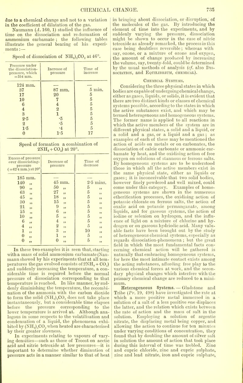 due to a chemical change and not to a variation in the coefficient of dilatation of the gas. Naumann (A. 160, 1) studied the influence of time on the dissociation and re-formation of ammonium carbamate ; the following tables illustrate the general bearing of his experi- ments :— Speed of dissociation of NH3)2C02 at 46°. Pressure under tliG (lissocifitioii IuorcEtse of Time of pressure, which pressure increase — 354 xnm■ 124 mm. 37 87 mm. 5 min. 17 20 5 10 7 5 6 4 5 4 2 5 3 1 5 2-5 •5 5 2 •5 5 1-5 •4 5 0 1-5 17 Speed of formation a combination of 2NH3 + CO,) at 20°. Excess of pressure Time of over dissociating- Decrease of pressure pressure decrease ( = 62-4 mm.) at 20° 185 mm. 140 „ 45 mm. 2-5 mins. 90 „ 50 „ 5 „ 63 „ 27 „ 5 45 „ 18 „ 5 30 „ 15 „ 5 21 „ 9 „ 5 15 „ 6 „ 5 10 „ 5 „ 5 „ 6 „ 4 „ 5 4 „ 2 „ 5 „ 1 ,. 3 „ 10 „ 0 „ 1 ,. 5 0 „ 0 „ 5 In these two examples it is seen that, starting with a mass of solid ammonium carbamate (Nau- mann showed by his experiments that at all tem- peratures the gas evolved consists of 2NEL, + CO.,) and suddenly increasing the temperature, a con- siderable time is required before the normal pressure of dissociation corresponding to that temperature is reached. In like manner, by sud- denly diminishing the temperature, the recombi- nation of the ammonia with the carbon dioxide to form the solid (NH.,),CO., does not take place instantaneously, but a considerable time elapses before the pressure corresponding to the lower temperature is arrived at. Although ana- logous in some respects to the volatilisation and condensation of a liquid, the phenomena exhi- bited by (NH.,).,CO, when heated are characterised by their greater slowness. In experiments relating to vapours of vary- ing densities—such as those of Troost on acetic acid and nitric tetroxide at low pressures—it is important to determine whether diminution of pressure acts in a manner similar to that of heat in bringing about dissociation, or disruption, of the molecules of the gas. By introducing the element of time into the experiments, and by suddenly varying the pressure, dissociation might be shown to occur in the case of nitric tetroxide as already remarked, the process in this case being doubtless reversible; whereas with say, ozone, or a mixture of ozone and oxygen, the amount of change produced by increasing the volume, say, twenty-fold, could be determined by the usual methods of analysis (cf. also Dis- sociation, and Equilibrium, chemical). Chemical Ststems. Considering the three physical states in which bodies are capable of undergoing chemical change, either as gases, liquids, or solids, it is evident that there are two distinct kinds or classes of chemical systems possible, according to the states in which the active substances exist, and which may be termed heterogeneous and homogeneous systems. The former name is applied to all reactions in which the active members of the system are in different physical states, a solid and a liquid, or a solid and a gas, or a liquid and a gas ; as examples of each of these may be mentioned the action of acids on metals or on carbonates, the dissociation of calcic carbonate or amnionic car- bamate by heat, and the oxidising action of free oxygen on solutions of stannous or ferrous salts. By homogeneous systems are to be understood those in which all the active members exist in the same physical state, either as liquids or gases ; it is inconceivable that two solid bodies, however finely powdered and well mixed, could come under this category. Examples of homo- geneous systems are shown in the numerous etherirication processes, the oxidising action of potassic chlorate on ferrous salts, the action of oxalic acid on potassic permanganate, among liquids, and for gaseous systems, the action of iodine or selenion on hydrogen, and the influ- ence of light on a mixture of chlorine and hy- drogen or on gaseous hydriodic acid. Many valu- able facts have been brought out by the study of heterogeneous chemical systems, especially as regards dissociation-phenomena; but the great field in which the most fundamental facts con- cerning chemical action will be gathered is naturally that embracing homogeneous systems, for here the most intimate contact exists among the acting substances, affording free play to the various chemical forces at work, and the secon- dary physical changes which interfere with the primary chemical change are reduced to a mini- mum. Heterogeneous Systems. — Gladstone and Tribe (Pr. 19, 498) have investigated the rate at which a more positive metal immersed in a solution of a salt of a less positive one displaces the latter, and the relation which exists between the rate of action and the mass of salt in the solution. Employing a solution of argentic nitrate, the displacing metal being copper, and allowing the action to continue for ten minutes under varying conditions of concentration, they found that by doubling the amount of silver salt in solution the amount of action that took place during this interval of time was trebled. Zinc and cupric chloride, zinc and cupric sulphate, zinc and lead nitrate, iron and cupric sulphate,