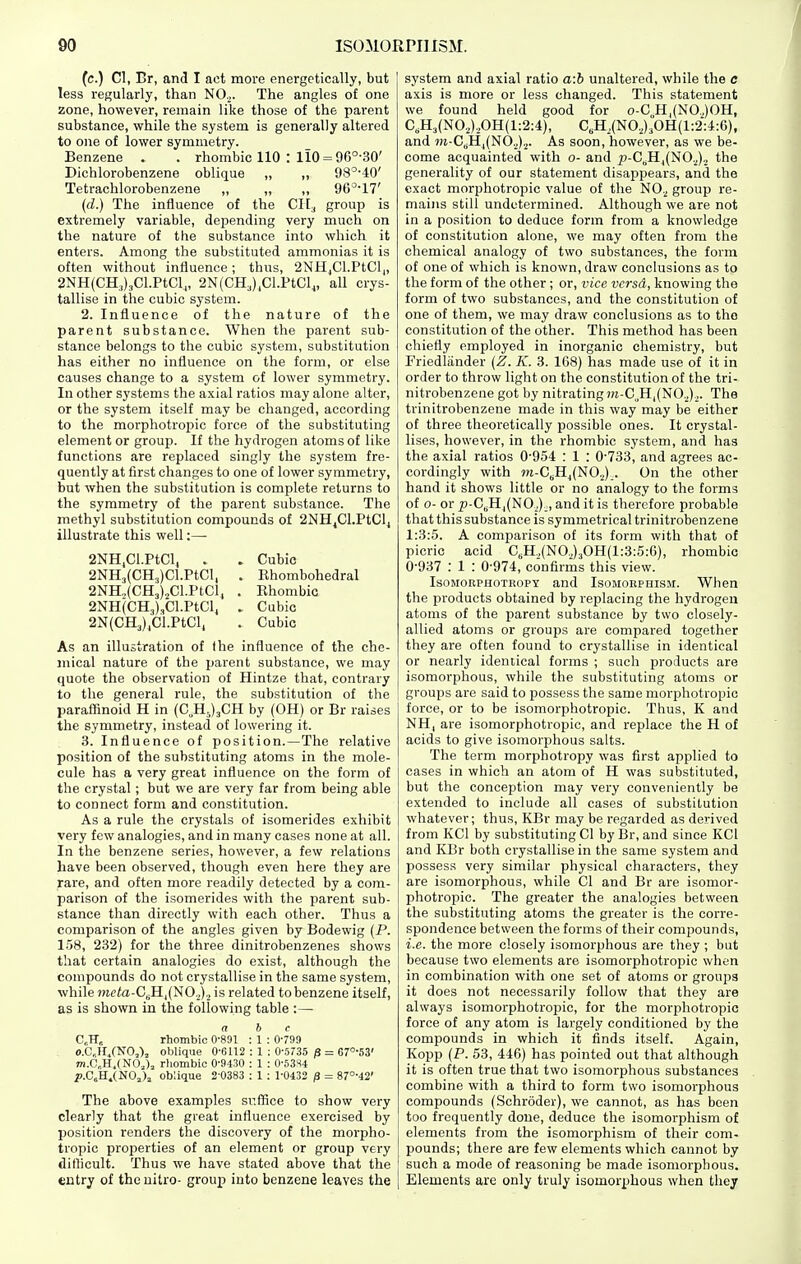 (c.) CI, Br, and I act moie energetically, but less regularly, than NO.,. The angles of one zone, however, remain like those of the parent substance, while the system is generally altered to one of lower symmetry. Benzene . . rhombic 110 : HO = 96°-30' Dichlorobenzene oblique „ ,, 98^'40' Tetrachlorobenzene „ „ „ 96°'17' (d.) The influence of the CH^ group is extremely variable, depending very much on the nature of the substance into which it enters. Among the substituted ammonias it is often without influence; thus, 2NHjCl.PtCl„ 2NH(CH,)3Cl.PtClj, 2N(CH,),Cl.PtClj, all crys- tallise in the cubic system. 2. Influence of the nature of the parent substance. When the parent sub- stance belongs to the cubic system, substitution has either no influence on the form, or else causes change to a system of lower symmetry. In other systems the axial ratios may alone alter, or the system itself may be changed, according to the morphotropic force of the substituting element or group. If the hydrogen atoms of like functions are replaced singly the system fre- quently at first changes to one of lower symmetry, but when the substitution is complete returns to the symmetry of the parent substance. The methyl substitution compounds of 2NH^Cl.PtCl4 illustrate this well:— 2NH^Cl.PtCl, . . Cubic 2NH3(CH3)Cl.PtCl, . Rhombohedral 2NH..(CH3),Cl.PtCl, . Ehombic 2NH(CH3)3Cl.PtCl< . Cubic 2N(CH3)jCl.PtCl, . Cubic As an illustration of the influence of the che- mical nature of the parent substance, we may quote the observation of Hintze that, contrary to the general rule, the substitution of the paraffinoid H in (C„H,)3CH by (OH) or Br raises the symmetry, instead of lowering it. 3. Influence of position.—The relative position of the substituting atoms in the mole- cule has a very great influence on the form of the crystal; but we are very far from being able to connect form and constitution. As a rule the crystals of isomerides exhibit very few analogies, and in many cases none at all. In the benzene series, however, a few relations have been observed, though even here they are rare, and often more readily detected by a com- parison of the isomerides with the parent sub- stance than directly with each other. Thus a comparison of the angles given by Bodewig (P. 158, 232) for the three dinitrobenzenes shows that certain analogies do exist, although the compounds do not crystallise in the same system, while meta-CJlXNO.^)., is related to benzene itself, as is shown in the following table :— a b c CcHs rhombic 0-891 : 1 : 0799 O.C,H..(NO,), oblique 0-6U2 : 1 ; 0-.5735 jS = 67°-53' 77i.C,H,(N0^)3 rliombic 0-9430 : 1 : 0-53S4 y.CeH.{NOj)j oblique 2-0383 : 1 : 1-0432 /3 = 87°-42' The above examples siiffice to show very clearly that the great influence exei-cised by position renders the discovery of the morpho- tropic properties of an element or group very diflicult. Thus we have stated above that the entry of thcDitro- group into benzene leaves the system and axial ratio a:b unaltered, while the e axis is more or less changed. This statement we found held good for o-C H,(NO.,)OH, C,H3(NO,),OH(l:2:4), C,H,(NOj)30H(l:2:4:G), and ni-CaHj(NO,,).^. As soon, however, as we be- come acquainted with o- and p-C^Hj(N0.j2 the generality of our statement disappears, and the exact morphotropic value of the NO.^ group re- mains still undetermined. Although we are not in a position to deduce form from a knowledge of constitution alone, we may often from the chemical analogy of two substances, the form of one of which is known, draw conclusions as to the form of the other; or, vice vcrsd, knowing the form of two substances, and the constitution of one of them, we may draw conclusions as to the constitution of the other. This method has been chiefly employed in inorganic chemistry, but Friedliinder {Z. K. 3. 168) has made use of it in order to throw light on the constitution of the tri- nitrobenzene got by nitrating7k-C,H,(NO.,)„ The trinitrobenzene made in this way may be either of three theoretically possible ones. It crystal- lises, however, in the rhombic system, and has the axial ratios 0-954 : 1 : 0-733, and agrees ac- cordingly with w-CbHj(NO.J . On the other hand it shows little or no analogy to the forms of o- or p-CsHj(NO J;, and it is therefore probable that this substance is symmetrical trinitrobenzene 1:3:5. A comparison of its form with that of picric acid C,H.,(NO,j30H(l:3:5:6), rhombic 0-937 : 1 : 0-974, confirms this view. IsoMORPHOTRopY and IsoMOBPHisM. When the products obtained by replacing the hydrogen atoms of the parent substance by two closely- allied atoms or groups are compared together they are often found to crystallise in identical or nearly identical forms ; such products are isomorphous, while the substituting atoms or groups are said to possess the same morphotropic force, or to be isomorphotropic. Thus, K and NH, are isomorphotropic, and replace the H of acids to give isomorphous salts. The term morphotropy was first applied to cases in which an atom of H was substituted, but the conception may very conveniently be extended to include all cases of substitution whatever; thus, KBr may be regarded as derived from KCl by substituting CI by Br, and since KCl and KBr both crystallise in the same system and possess very similar physical characters, they are isomorphous, while 01 and Br are isomor- photropic. The greater the analogies between the substituting atoms the greater is the corre- spondence between the forms of their compounds, i.e. the more closely isomorphous are they ; but because two elements are isomorphotropic when in combination with one set of atoms or groups it does not necessarily follow that they are always isomorphotropic, for the morphotropic force of any atom is largely conditioned by the compounds in which it finds itself. Again, Kopp (P. 53, 446) has pointed out that although it is often true that two isomorphous substances combine with a third to form two isomorphous compounds (Schroder), we cannot, as has been too frequently done, deduce the isomorphism of elements from the isomorphism of their com- pounds; there are few elements which cannot by such a mode of reasoning be made isomorphous. Elements are only truly isomorphous when they