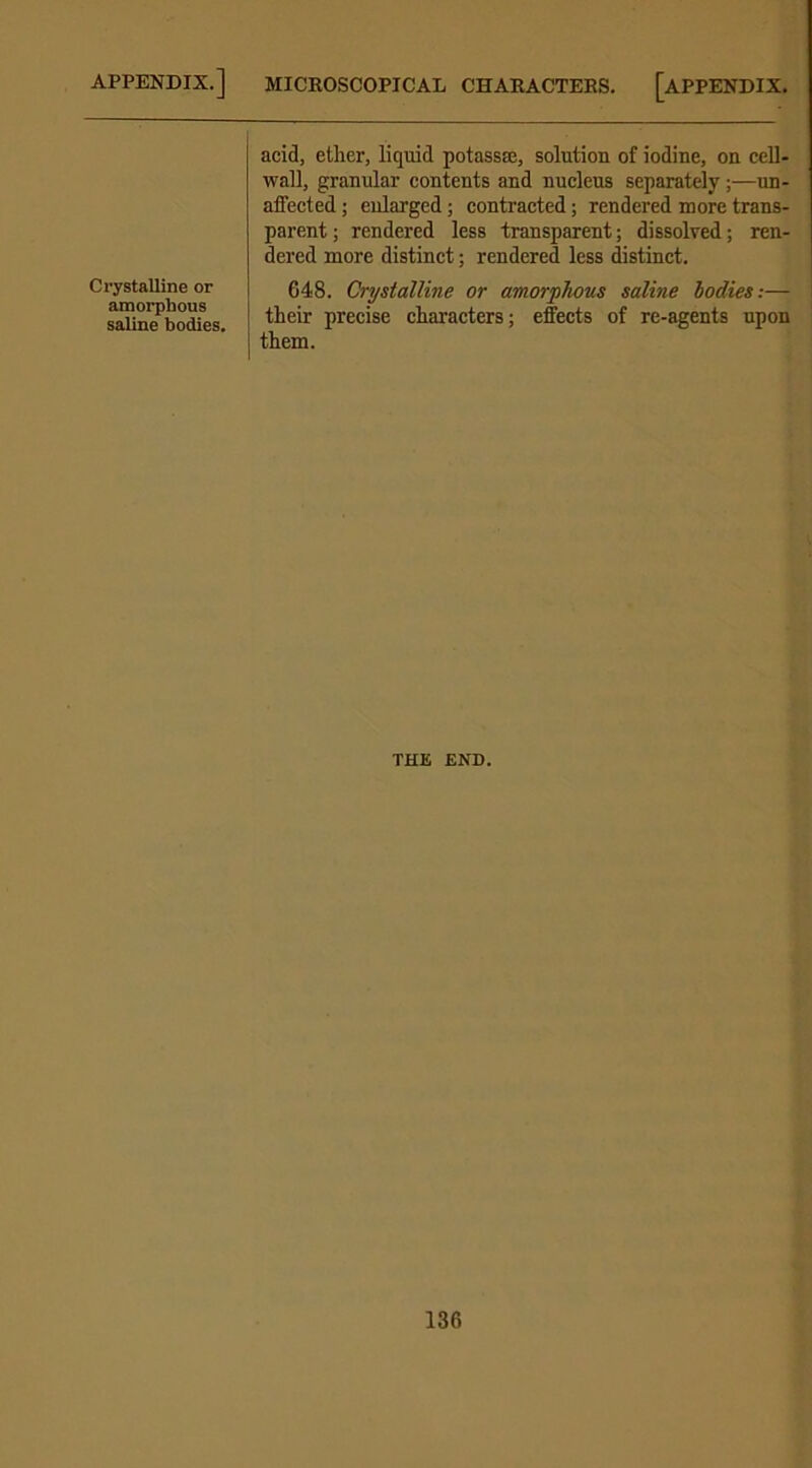 Crystalline or amorphous saline bodies. acid, ether, liquid potass®, solution of iodine, on cell- wall, granular contents and nucleus separately ;—un- affected ; enlarged ; contracted; rendered more trans- parent ; rendered less transparent; dissolved; ren- dered more distinct; rendered less distinct. G48. Crystalline or amorphous saline bodies:— their precise characters; effects of re-agents upon them. THE END.