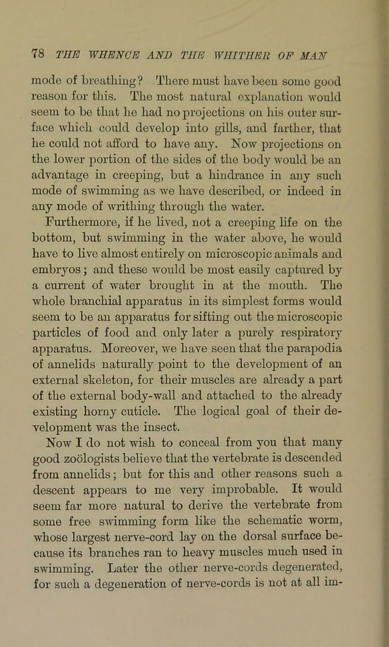mode of breathing? There must have been some good reason for this. The most natural explanation would seem to be that he had no projections on his outer sur- face which could develop into gills, and farther, that he could not afford to have any. Now projections on the lower portion of the sides of the body would be an advantage in creeping, but a hindrance in any such mode of swimming as we have described, or indeed in any mode of writhing through the water. Furthermore, if he lived, not a creeping life on the bottom, but swimming in the water above, he would have to live almost entirely on microscopic animals and embryos; and these would be most easily captured by a current of water brought in at the mouth. The whole branchial apparatus in its simplest forms would seem to be an apparatus for sifting out the microscopic particles of food and only later a purely respiratory apparatus. Moreover, we have seen that the parapodia of annelids naturally point to the development of an external skeleton, for their muscles are already a part of the external body-wall and attached to the already existing horny cuticle. The logical goal of their de- velopment was the insect. Now I do not wish to conceal from you that many good zoologists believe that the vertebrate is descended from annelids; but for this and other reasons such a descent appears to me very improbable. It would seem far more natural to derive the vertebrate from some free swimming form like the schematic worm, whose largest nerve-cord lay on the dorsal surface be- cause its branches ran to heavy muscles much used in swimming. Later the other nerve-cords degenerated, for such a degeneration of nerve-cords is not at all im-