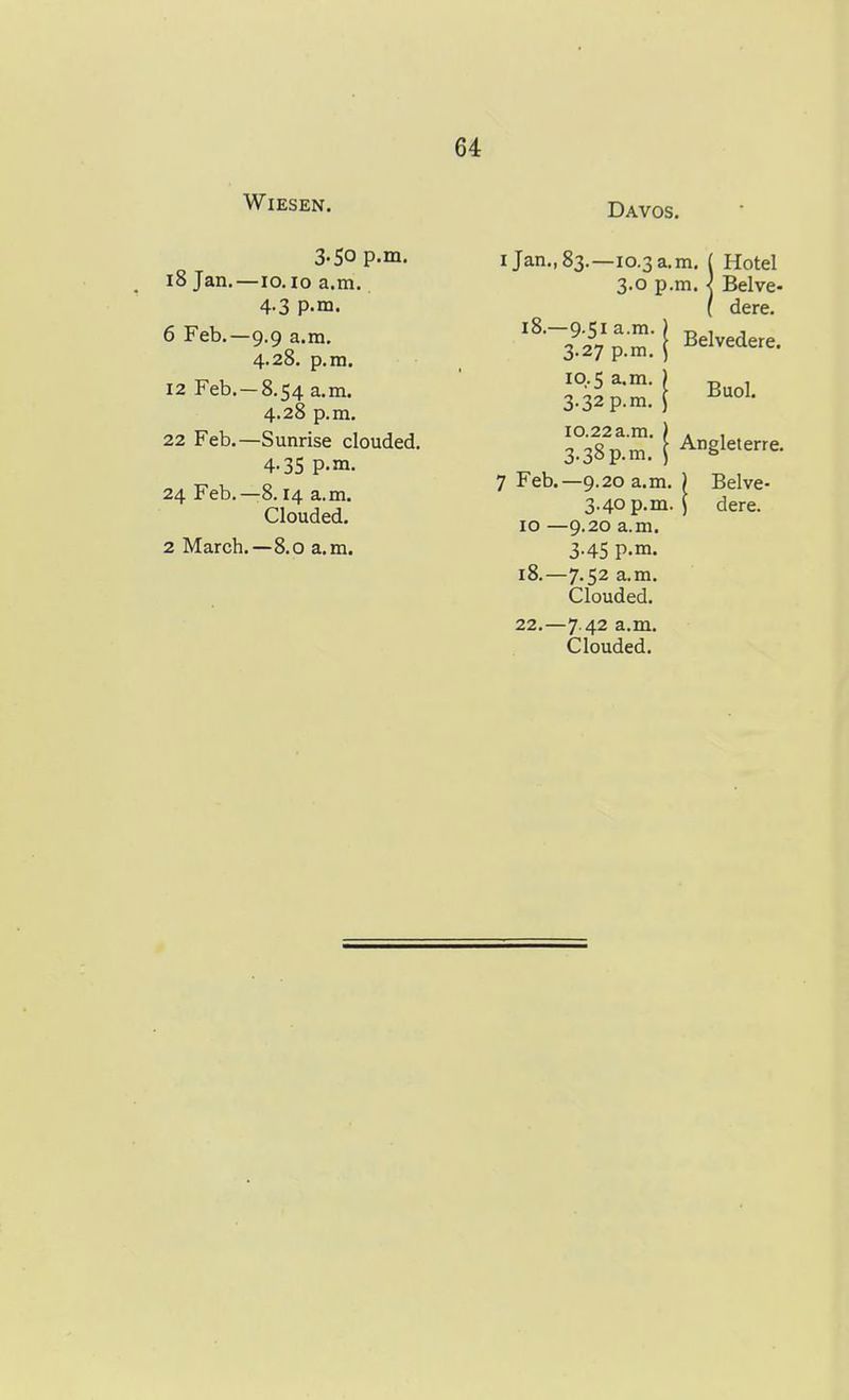WiESEN. Davos. 3.50 p.m. 18 Jan.—10.10 a.m. 4-3 P-m. 6 Feb.—9.9 a.m. 4.28. p.m. 12 Feb. —8.54 a.m. 4.28 p.m. 22 Feb.—Sunrise clouded. 4-35 P-m. 24 Feb.—8.14 a.m. Clouded. 2 March.—8.0 a.m. I Jan., 83.—10.3 a.m. ( Hotel 3.0 p.m. < Belve- { dere. 18.—9.51 a.m. 3.27 p.m. 10.5 a.m. 3.32 p.m. 10.22 a.m. 3-38 p.m. 7 Feb.—9.20 a.m. 3.40 p.m. 10 —9.20 a.m. 3.45 p.m. 18.—7.52 a.m. Clouded. 22.—7.42 a.m. Clouded. Belvedere. Buol. Angleterre. Belve- dere.