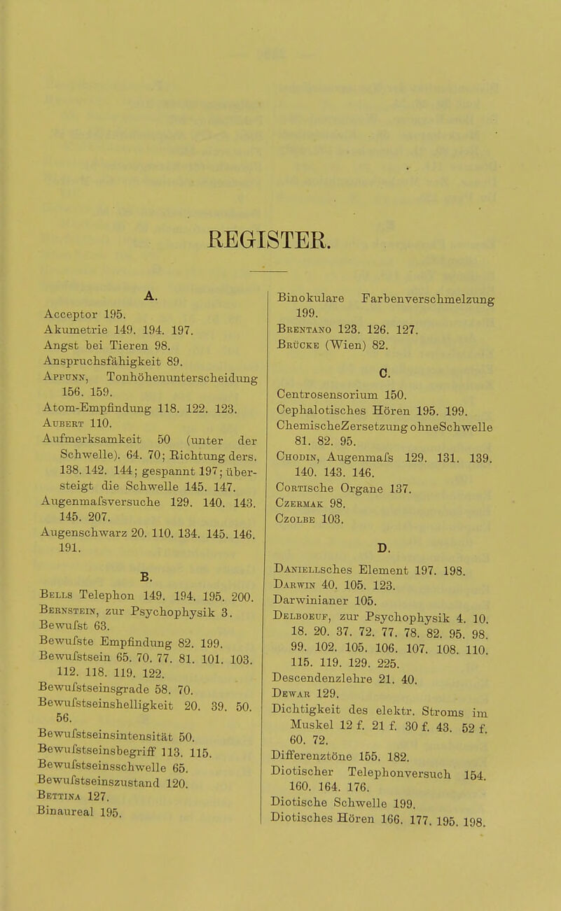 REGISTER. A. Acceptor 195. Akumetrie 149. 194. 197. Angst bei Tieren 98. Anspruchsfähigkeit 89. Appunn, Tonhöhenunterscheidung 156. 159. Atom-Empfindung 118. 122. 123. AüBERT 110. Aufmerksamkeit 50 (unter der Schwelle). 64. 70; Eichtung ders. 138.142. 144; gespannt 197; über- steigt die Schwelle 145. 147. Augenmafsversuche 129. 140. 143. 145. 207. Augenschwarz 20. 110. 134. 145. 146. 191. B. Bells Telephon 149. 194. 195. 200. Bernstein, zur Psychophysik 3. Bewußt 63. Bewufste Empfindung 82. 199. Bewußtsein 65. 70. 77. 81. 101. 103. 112. 118. 119. 122. Bewufstseinsgrade 58. 70. Bewufstseinshelligkeit 20. 39 50 56. Bewufstseinsintensität 50. Bewufstseinsbegriff 113. 115. Bewufstseinsschwelle 65. Bewufstseinszustand 120. Bettina 127. Binaureal 195. Binokulare Farbenverschmelzung 199. Brentano 123. 126. 127. Brücke (Wien) 82. C. Centrosensorium 150. Cephalotisches Hören 195. 199. ChemischeZersetzung ohneSchwelle 81. 82. 95. Chodin, Augenmafs 129. 131. 139. 140. 143. 146. CoRTische Organe 137. Czermak 98. Czolbe 103. D. DANiELLsches Element 197. 198. Darwin 40. 105. 123. Darwinianer 105. Delboeuf, zur Psychophysik 4. 10 18. 20. 37. 72. 77. 78. 82. 95. 98.' 99. 102. 105. 106. 107. 108. 110. 115. 119. 129. 225. Descendenzlehre 21. 40. Dewar 129. Dichtigkeit des elektr. Stroms im Muskel 12 f. 21 f. 30 f. 43. 52 f 60. 72. Differenztöne 155. 182. Diotischer Telephonversuch 154 160. 164. 176. Diotische Schwelle 199. Diotisches Hören 166. 177. 195. 198.