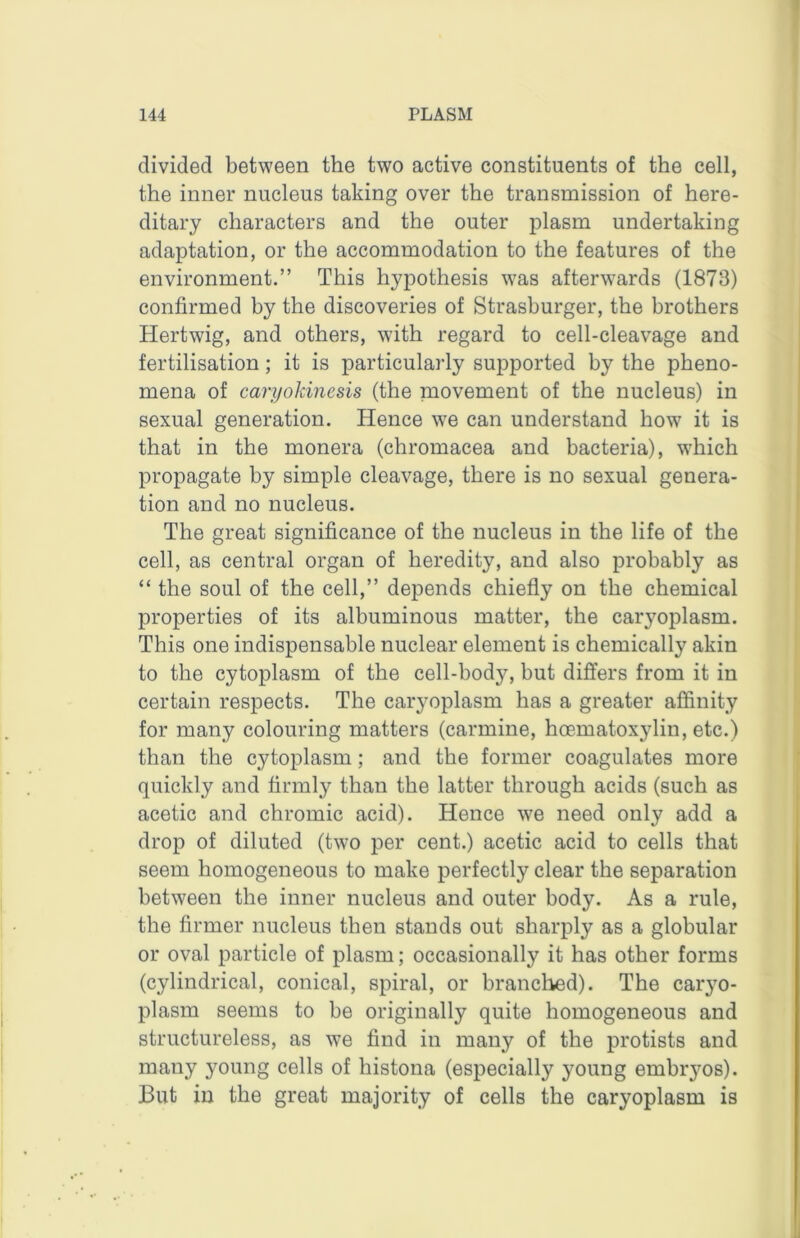 divided between the two active constituents of the cell, the inner nucleus taking over the transmission of here- ditary characters and the outer plasm undertaking adaptation, or the accommodation to the features of the environment.” This hypothesis was afterwards (1873) confirmed by the discoveries of Strasburger, the brothers Hertwig, and others, with regard to cell-cleavage and fertilisation; it is particularly supported by the pheno- mena of canjokinesis (the movement of the nucleus) in sexual generation. Hence we can understand how it is that in the monera (chromacea and bacteria), w'hich propagate by simple cleavage, there is no sexual genera- tion and no nucleus. The great significance of the nucleus in the life of the cell, as central organ of heredity, and also probably as “ the soul of the cell,” depends chiefly on the chemical properties of its albuminous matter, the caryoplasm. This one indispensable nuclear element is chemically akin to the cytoplasm of the cell-body, but differs from it in certain respects. The caryoplasm has a greater affinity for many colouring matters (carmine, hcematoxylin, etc.) than the cytoplasm; and the former coagulates more quickly and firmly than the latter through acids (such as acetic and chromic acid). Hence we need only add a drop of diluted (two per cent.) acetic acid to cells that seem homogeneous to make perfectly clear the separation between the inner nucleus and outer body. As a rule, the firmer nucleus then stands out sharply as a globular or oval particle of plasm; occasionally it has other forms (cylindrical, conical, spiral, or branclied). The caryo- plasm seems to be originally quite homogeneous and structureless, as we find in many of the protists and many young cells of histona (especially young embryos). But in the great majority of cells the caryoplasm is