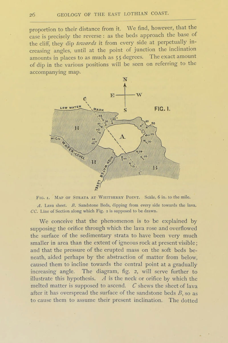 proportion to their distance from it. We find, however, that the case is precisely the reverse : as the beds approach the base of the cliff, they dip towards it from every side at perpetually in- creasing angles, until at the point of junction the inclination amounts in places to as much as 55 degrees. The exact amount of dip in the various positions will be seen on referring to the accompanying map. Fig. i. Map of Strata at Whitberry Point. Scale, 6 in. to the mile. A. Lava sheet. B. Sandstone Beds, dipping from every side towards the lava. CC. Line of Section along which Fig. 2 is supposed to be drawn. We conceive that the phenomenon is to be explained by supposing the orifice through which the lava rose and overflowed the surface of the sedimentary strata to have been very much smaller in area than the extent of igneous rock at present visible; and that the pressure of the erupted mass on the soft beds be- neath, aided perhaps by the abstraction of matter from below, caused them to incline towards the central point at a gradually increasing angle. The diagram, fig. 2, will serve further to illustrate this hypothesis. A is the neck or orifice by which the melted matter is supposed to ascend. C shews the sheet of lava after it has overspread the surface of the sandstone beds B, so as to cause them to assume their present inclination. The dotted