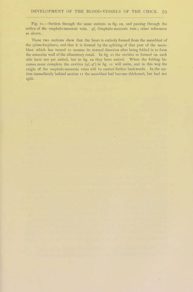 Fig. 11.—Section through the same embryo as fig. 10, and passing through the orifice of the omphalo-meseraic vein, of, Omphalo-meseraic vein ; other references as above. These two sections shew that the heart is entirely formed from the mesoblast of the splanchnopleure, and that it is formed by the splitting of that part of the meso- blast which has turned to assume its normal direction after being folded in to form the muscular wall of the alimentary canal. In fig. 11 the cavities so formed on each side have not yet united, but in fig. 10 they have united. When the folding be- comes more complete the cavities (of of) in fig. 11 will unite, and in this way the origin of the omphalo-meseraic veins will be carried further backwards. In the sec- tion immediately behind section 11 the mesoblast had become thickened, but had not split.