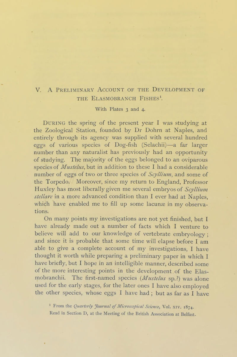 V. A Preliminary Account of the Development of THE ELASMOBRANCH FISHES1. With Plates 3 and 4. DURING the spring of the present year I was studying at the Zoological Station, founded by Dr Dohrn at Naples, and entirely through its agency was supplied with several hundred eggs of various species of Dog-fish (Selachii)—a far larger number than any naturalist has previously had an opportunity of studying. The majority of the eggs belonged to an oviparous species of Mustelns, but in addition to these I had a considerable number of eggs of two or three species of ScyIlium, and some of the Torpedo. Moreover, since my return to England, Professor Huxley has most liberally given me several embryos of Scyllium stellare in a more advanced condition than I ever had at Naples, which have enabled me to fill up some lacunae in my observa- tions. On many points my investigations are not yet finished, but I have already made out a number of facts which I venture to believe will add to our knowledge of vertebrate embryology ; and since it is probable that some time will elapse before I am able to give a complete account of my investigations, I have thought it worth while preparing a preliminary paper in which I have briefly, but I hope in an intelligible manner, described some of the more interesting points in the development of the Elas- mobranchii. The first-named species (Mustelus sp.?) was alone used for the early stages, for the later ones I have also employed the other species, whose eggs I have had ; but as far as I have 1 From the Quarterly Journal of Microscopical Science, Vol. xiv. 1874. Read in Section D, at the Meeting of the British Association at Belfast.