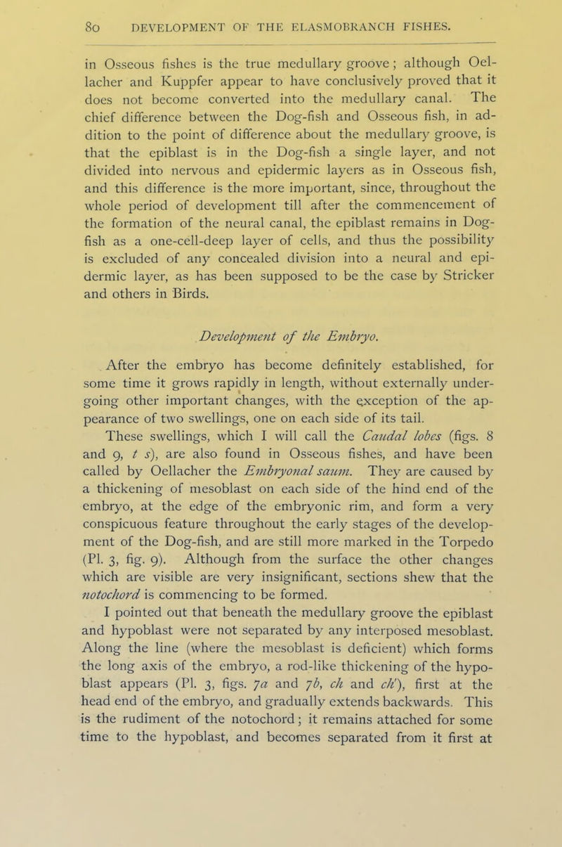 in Osseous fishes is the true medullary groove ; although Oel- lacher and Kuppfer appear to have conclusively proved that it does not become converted into the medullary canal. The chief difference between the Dog-fish and Osseous fish, in ad- dition to the point of difference about the medullary groove, is that the epiblast is in the Dog-fish a single layer, and not divided into nervous and epidermic layers as in Osseous fish, and this difference is the more important, since, throughout the whole period of development till after the commencement of the formation of the neural canal, the epiblast remains in Dog- fish as a one-cell-deep layer of cells, and thus the possibility is excluded of any concealed division into a neural and epi- dermic layer, as has been supposed to be the case by Strieker and others in Birds. Development of the Embryo. After the embryo has become definitely established, for some time it grows rapidly in length, without externally under- going other important changes, with the exception of the ap- pearance of two swellings, one on each side of its tail. These swellings, which I will call the Caudal lobes (figs. 8 and 9, t j), are also found in Osseous fishes, and have been called by Oellacher the Embryonal saum. They are caused by a thickening of mesoblast on each side of the hind end of the embryo, at the edge of the embryonic rim, and form a very conspicuous feature throughout the early stages of the develop- ment of the Dog-fish, and are still more marked in the Torpedo (PI. 3, fig. 9). Although from the surface the other changes which are visible are very insignificant, sections shew that the notochord is commencing to be formed. I pointed out that beneath the medullary groove the epiblast and hypoblast were not separated by any interposed mesoblast. Along the line (where the mesoblast is deficient) which forms the long axis of the embryo, a rod-like thickening of the hypo- blast appears (PI. 3, figs. 7 a and 7b, ch and ck'), first at the head end of the embryo, and gradually extends backwards. This is the rudiment of the notochord; it remains attached for some time to the hypoblast, and becomes separated from it first at