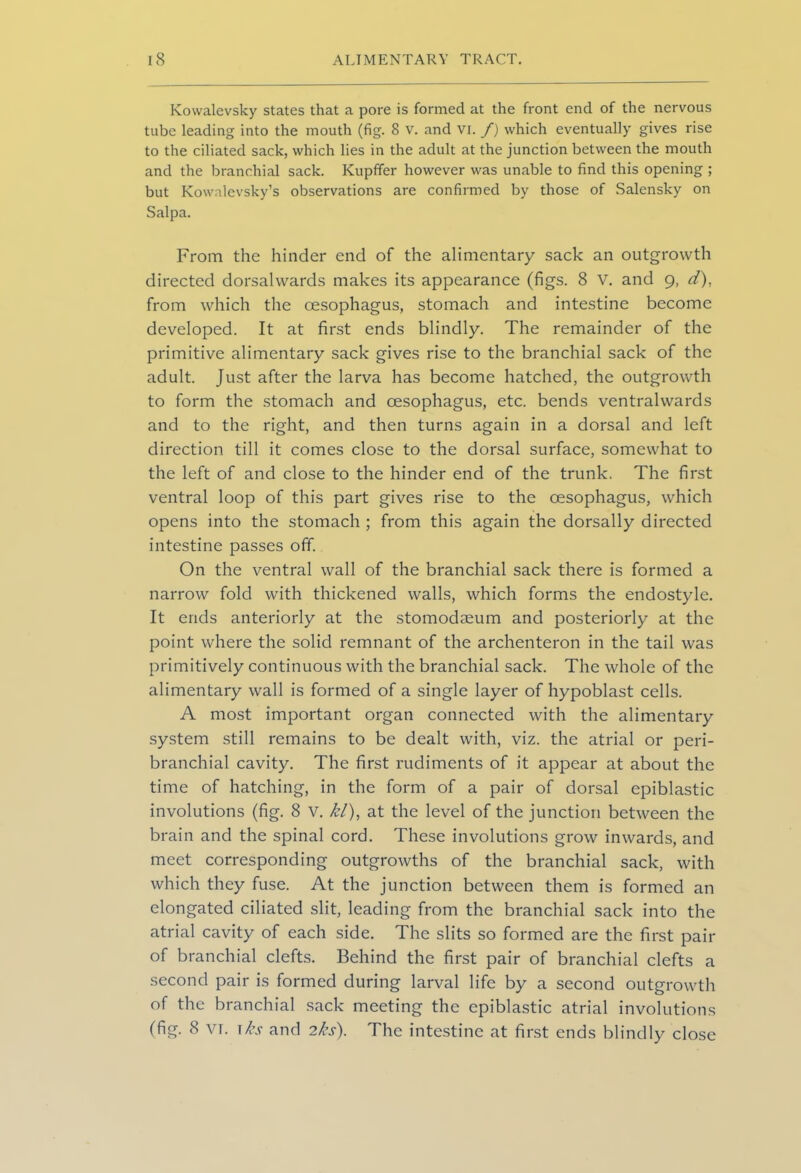 Kowalevsky states that a pore is formed at the front end of the nervous tube leading into the mouth (fig. 8 v. and VI. f) which eventually gives rise to the ciliated sack, which lies in the adult at the junction between the mouth and the branchial sack. Kupfifer however was unable to find this opening ; but Kowalevsky’s observations are confirmed by those of Salensky on Salpa. From the hinder end of the alimentary sack an outgrowth directed dorsalwards makes its appearance (figs. 8 V. and 9, d), from which the oesophagus, stomach and intestine become developed. It at first ends blindly. The remainder of the primitive alimentary sack gives rise to the branchial sack of the adult. Just after the larva has become hatched, the outgrowth to form the stomach and oesophagus, etc. bends ventralwards and to the right, and then turns again in a dorsal and left direction till it comes close to the dorsal surface, somewhat to the left of and close to the hinder end of the trunk. The first ventral loop of this part gives rise to the oesophagus, which opens into the stomach ; from this again the dorsally directed intestine passes off. On the ventral wall of the branchial sack there is formed a narrow fold with thickened walls, which forms the endostyle. It ends anteriorly at the stomodseum and posteriorly at the point where the solid remnant of the archenteron in the tail was primitively continuous with the branchial sack. The whole of the alimentary wall is formed of a single layer of hypoblast cells. A most important organ connected with the alimentary system still remains to be dealt with, viz. the atrial or peri- branchial cavity. The first rudiments of it appear at about the time of hatching, in the form of a pair of dorsal epiblastic involutions (fig. 8 V. kl), at the level of the junction between the brain and the spinal cord. These involutions grow inwards, and meet corresponding outgrowths of the branchial sack, with which they fuse. At the junction between them is formed an elongated ciliated slit, leading from the branchial sack into the atrial cavity of each side. The slits so formed are the first pair of branchial clefts. Behind the first pair of branchial clefts a second pair is formed during larval life by a second outgrowth of the branchial sack meeting the epiblastic atrial involutions (fig. 8 vt. 1 ks and 2ks). The intestine at first ends blindly close
