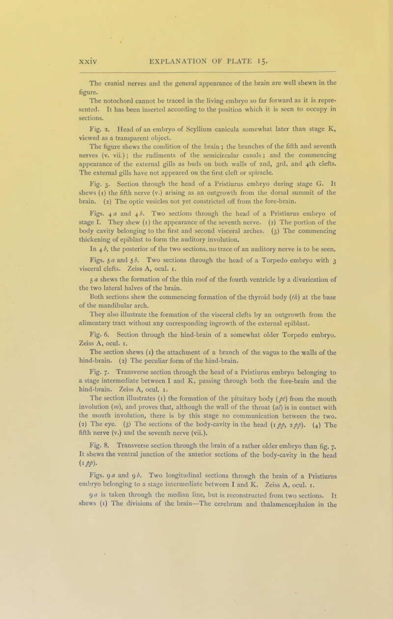 The cranial nerves and the general appearance of the brain are well shewn in the figure. The notochord cannot be traced in the living embryo so far forward as it is repre- sented. It has been inserted according to the position which it is seen to occupy in sections. Fig. 2. Head of an embryo of Scyllium canicula somewhat later than stage K, viewed as a transparent object. The figure shews the condition of the brain ; the branches of the fifth and seventh nerves (v. vii.); the rudiments of the semicircular canals; and the commencing appearance of the external gills as buds on both walls of 2nd, 3rd, and 4th clefts. The external gills have not appeared on the first cleft or spiracle. Fig- 3- Section through the head of a Pristiurus embryo during stage G. It shews (1) the fifth nerve (v.) arising as an outgrowth from the dorsal summit of the brain. (2) The optic vesicles not yet constricted off from the fore-brain. Figs. 4 a and 4 b. Two sections through the head of a Pristiurus embryo of stage I. They shew (1) the appearance of the seventh nerve. (2) The portion of the body cavity belonging to the first and second visceral arches. (3) The commencing thickening of epiblast to form the auditory involution. In 4 b, the posterior of the two sections, no trace of an auditory nerve is to be seen. Figs. 5 a and 5 b. Two sections through the head of a Torpedo embryo with 3 visceral clefts. Zeiss A, ocul. 1. 5 a shews the formation of the thin roof of the fourth ventricle by a divarication of the two lateral halves of the brain. Both sections shew the commencing formation of the thyroid body [th) at the base of the mandibular arch. They also illustrate the formation of the visceral clefts by an outgrowth from the alimentary tract without any corresponding ingrowth of the external epiblast. Fig. 6. Section through the hind-brain of a somewhat older Torpedo embryo. Zeiss A, ocul. 1. The section shews (1) the attachment of a branch of the vagus to the walls of the hind-brain. (2) The peculiar form of the hind-brain. Fig. 7. Transverse section through the head of a Pristiurus embryo belonging to a stage intermediate between I and K, passing through both the fore-brain and the hind-brain. Zeiss A, ocul. 1. The section illustrates (1) the formation of the pituitary body (pt) from the mouth involution (/«), and proves that, although the wall of the throat (al) is in contact with the mouth involution, there is by this stage no communication between the two. (2) The eye. (3) The sections of the body-cavity in the head (1 pp, 2pp). (4) The fifth nerve (v.) and the seventh nerve (vii.). Fig. 8. Transverse section through the brain of a rather older embryo than fig. 7. It shews the ventral junction of the anterior sections of the body-cavity in the head {'■PP)- Figs. 9 a and 9 b. Two longitudinal sections through the brain of a Pristiurus embryo belonging to a stage intermediate between I and K. Zeiss A, ocul. 1. 9 a is taken through the median line, but is reconstructed from two sections. It shews (1) The divisions of the brain—The cerebrum and thalamencephalon in the