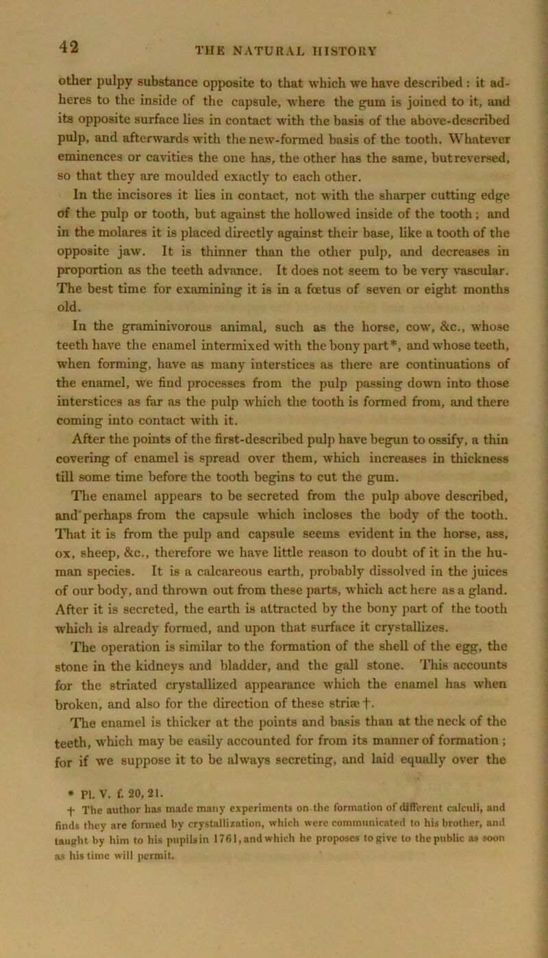 other pulpy substance opposite to that which we have described : it ad- heres to the inside of the capsule, where the gum is joined to it, and its opposite surface lies in contact with the basis of the above-described pulp, and afterwards with the new-formed basis of the tooth. Whatever eminences or cavities the one has, the other has the same, butreversed, so that they are moulded exactly to each other. In the incisores it lies in contact, not with the sharper cutting edge of the pulp or tooth, but against the hollowed inside of the tooth; and in the molares it is placed directly against their base, like a tooth of the opposite jaw. It is thinner than the other pulp, and decreases in proportion as the teeth advance. It does not seem to be very vascular. The best time for examining it is in a foetus of seven or eight months old. In the graminivorous animal, such as the horse, cow, &c., whose teeth have the enamel intermixed with the bony part*, and whose teeth, when forming, have as many interstices as there are continuations of the enamel, we find processes from the pulp passing down into those interstices as far as the pulp which the tooth is formed from, and there coming into contact with it. After the points of the first-described pulp have begun to ossify, a thin covering of enamel is spread over them, which increases in thickness till some time before the tooth begins to cut the gum. The enamel appears to be secreted from the pulp above described, and'perhaps from the capsule which incloses the body of the tooth. That it is from the pulp and capsule seems evident in the horse, ass, ox, sheep, &c., therefore we have little reason to doubt of it in the hu- man species. It is a calcareous earth, probably dissolved in the juices of our body, and thrown out from these parts, which act here as a gland. After it is secreted, the earth is attracted by the bony part of the tooth which is already formed, and upon that surface it crystallizes. The operation is similar to the formation of the shell of the egg, the stone in the kidneys and bladder, and the gall stone. This accounts for the striated crystallized appearance which the enamel has when broken, and also for the direction of these striae f. The enamel is thicker at the points and basis than at the neck of the teeth, which may be easily accounted for from its manner of formation ; for if we suppose it to be always secreting, and laid equally over the * PL V. f. 20,21. + The author has made many experiments on the formation of different calculi, and finds they are formed by crystallisation, which were communicated to his brother, and taught by him to his pupils in 1761, and which he proposes to give to the public as soon as his time will permit.
