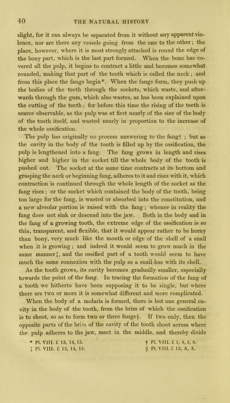 slight, for it can always be separated from it without any apparent vio- lence, nor are there any vessels going from the one to the other; the place, however, where it is most strongly attached is round the edge of the bony part, which is the last part formed. When the bone has co- vered all the pulp, it begins to contract a little and becomes somewhat rounded, making that part of the tooth which is called the neck ; and from this place the fangs begin*. When the fangs form, they push up the bodies of the teeth through the sockets, which waste, and after- wards through the gum, which also wastes, as has been explained upon the cutting of the teeth; for before this time the rising of the teeth is scarce observable, as the pulp was at first nearly of the size of the body of the tooth itself, and wasted nearly in proportion to the increase of the whole ossification. The pulp has originally no process answering to the fangf ; but as the cavity in the body of the tooth is filled up by the ossification, the pulp is lengthened into a fang. The fang grows in length and rises higher and higher in the socket till the whole body of the tooth is pushed out. The socket at the same time contracts at its bottom and grasping the neck or beginning fang, adheres to it and rises with it, which contraction is continued through the whole length of the socket as the fang rises ; or the socket which contained the body of the tooth, being too large for the fang, is wasted or absorbed into the constitution, and a new alveolar portion is raised with the fang ; whence in reality the fang does not sink or descend into the jaw. Both in the body and in the fang of a growing tooth, the extreme edge of the ossification is so thin, transparent, and flexible, that it would appear rather to be homy than bony, very much like the mouth or edge of the shell of a snail when it is growing ; and indeed it would seem to grow much in the same manner f, and the ossified part of a tooth would seem to have much the same connexion with the pulp as a snail has with its shell. As the tooth grows, its cavity becomes gradually smaller, especially towards the point of the fang. In tracing the formation of the fang of a tooth we hitherto have been supposing it to be single, but where there are two or more it is somewhat different and more complicated. When the body of a molaris is formed, there is but one general ca- vity in the body of the tooth, from the brim of which the ossification is to shoot, so as to form two or three fangs §. If two only, then the opposite parts of the brim of the cavity of the tooth shoot across where the pulp adheres to the jaw, meet in the middle, and thereby divide * PI. VIII. f. 13, 14,15. f PI. VIII. f. 1, 4, 5, f>. I PI. VIII. f, 13, 14, 15. § PI. VIII. f. 13, A, A.