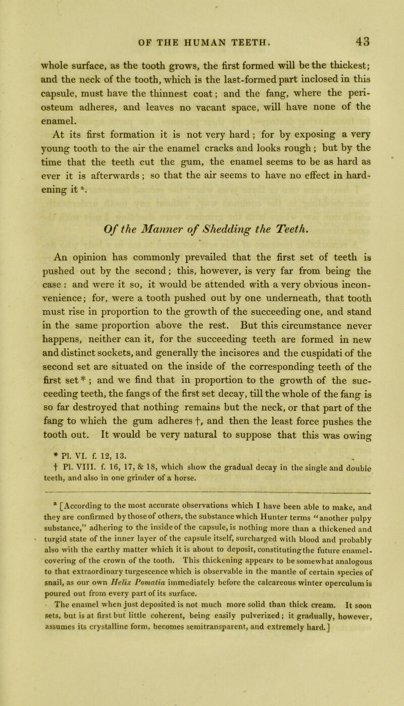 whole surface, as the tooth grows, the first formed will be the thickest; and the neck of the tooth, which is the last-formed part inclosed in this capsule, must have the thinnest coat; and the fang, where the peri- osteum adheres, and leaves no vacant space, will have none of the enamel. At its first formation it is not very hard ; for by exposing a very young tooth to the air the enamel cracks and looks rough; but by the time that the teeth cut the gum, the enamel seems to be as hard as ever it is afterwards; so that the air seems to have no effect in hard- ening ita. Of the Manner of Shedding the Teeth. An opinion has commonly prevailed that the first set of teeth is pushed out by the second; this, however, is very far from being the case : and were it so, it would be attended with a very obvious incon- venience ; for, were a tooth pushed out by one underneath, that tooth must rise in proportion to the growth of the succeeding one, and stand in the same proportion above the rest. But this circumstance never happens, neither can it, for the succeeding teeth are formed in new and distinct sockets, and generally the incisores and the cuspidati of the second set are situated on the inside of the corresponding teeth of the first set * ; and we find that in proportion to the growth of the suc- ceeding teeth, the fangs of the first set decay, till the whole of the fang is so far destroyed that nothing remains but the neck, or that part of the fang to which the gum adheres f, and then the least force pushes the tooth out. It would be very natural to suppose that this was owing * PI. VI. f. 12, 13. t PI. VIII. f. 16, 17, & 18, which show the gradual decay in the single and double teeth, and also in one grinder of a horse. a [According to the most accurate observations which I have been able to make, and they are confirmed by those of others, the substance which Hunter terms “another pulpy substance,” adhering to the inside of the capsule, is nothing more than a thickened and turgid state of the inner layer of the capsule itself, surcharged with blood and probably also with the earthy matter which it is about to deposit, constituting the future enamel- covering of the crown of the tooth. This thickening appears to be somewhat analogous to that extraordinary turgescence which is observable in the mantle of certain species of snail, as our own Helix Pomatia immediately before the calcareous winter operculum is poured out from every part of its surface. The enamel when just deposited is not much more solid than thick cream. It soon sets, but is at first but little coherent, being easily pulverized; it gradually, however, assumes its crystalline form, becomes semitransparent, and extremely hard.]