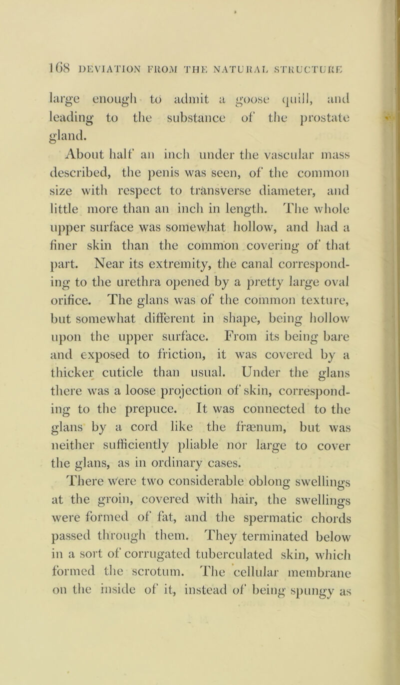 large enough to admit it goose quill, and leading to the substance of the prostate gland. About half an inch under the vascular mass described, the penis was seen, of the common size with respect to transverse diameter, and little more than an inch in length. The whole upper surface was somewhat hollow, and had a finer skin than the common covering of that part. Near its extremity, the canal correspond- ing to the urethra opened by a pretty large oval orifice. The glans was of the common texture, but somewhat different in shape, being hollow upon the upper surface. From its being bare and exposed to friction, it was covered by a thicker cuticle than usual. Under the glans there was a loose projection of skin, correspond- ing to the prepuce. It was connected to the glans by a cord like the fraenum, but was neither sufficiently pliable nor large to cover the glans, as in ordinary cases. There were two considerable oblono; swellings 0 o at the groin, covered with hair, the swellings were formed of fat, and the spermatic chords passed through them. They terminated below in a sort of corrugated tuberculated skin, which formed the scrotum. The cellular membrane on the inside of' it, instead of being spungy as