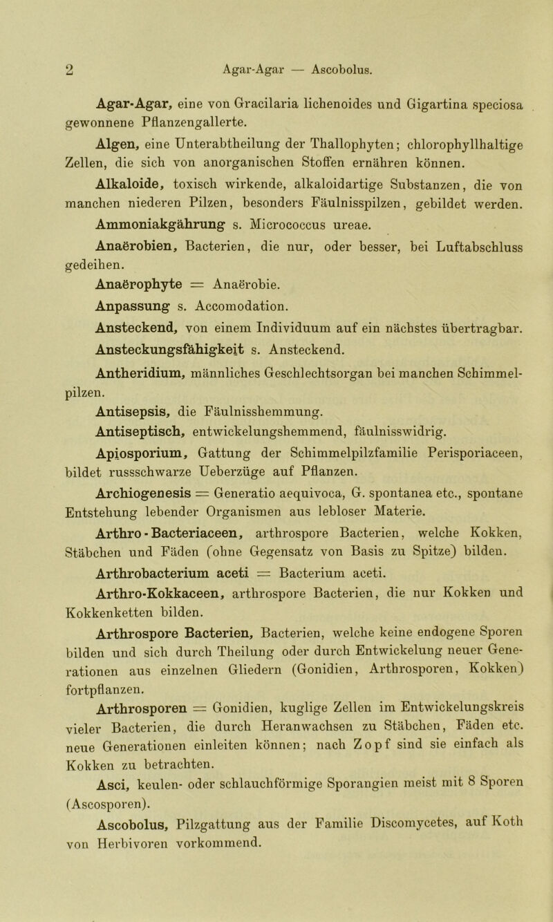 Agar-Agar, eine von Gracilaria lichenoides und Gigartina speciosa gewonnene Pflanzengallerte. Algen, eine Unterabtheilung der Thallophyten; chlorophyllhaltige Zellen, die sich von anorganischen StofFen ernahren konnen. Alkaloide, toxisch wirkende, alkaloidartige Substanzen, die von manchen niederen Pilzen, besonders Faulnisspilzen, gebildet werden. Ammoniakgahrung s. Micrococcus ureae. Anaerobien, Bacterien, die nur, oder besser, bei Luftabschluss gedeihen. AnaSrophyte = Anaerobie. Anpassung s. Accomodation. Ansteckend, von eineni Individuum auf ein nachstes iibertragbar. Ansteckungsfahigkeit s. Ansteckend. Antheridium, mannliches Geschlechtsorgan bei manchen Schimmel- pilzen. Antisepsis, die Faulnisshemmung. Antiseptisch, entwickelungshemmend, faulnisswidrig. Apiosporium, Gattung der Schimmelpilzfamilie Perisporiaceen, bildet russschwarze Ueberzuge auf Pflanzen. Archiogenesis = Generatio aequivoca, G. spontanea etc., spontane Entstehung lebender Organismen aus lebloser Materie. Arthro-Bacteriaceen, arthrospore Bacterien, welche Kokken, Stabchen und Faden (ohne Gegensatz von Basis zu Spitze) bilden. Arthrobacterium aceti = Bacterium aceti. Artbro-Kokkaceen, arthrospore Bacterien, die nur Kokken und Kokkenketten bilden. Arthrospore Bacterien, Bacterien, welche keine endogene Sporen bilden und sich durch Theilung oder durch Entwickelung neuer Gene- rationen aus einzelnen Gliedern (Gonidien, Arthrosporen, Kokken) fortpflanzen. Arthrosporen = Gonidien, kuglige Zellen im Entwickelungskreis vieler Bacterien, die durch Heranwachsen zu Stabchen, Faden etc. neue Generationen einleiten konnen; nach Zopf sind sie einfach als Kokken zu betrachten. Asci, keulen- oder schlauchformige Sporangien meist mit 8 Sporen (Ascosporen). Ascobolus, Pilzgattung aus der Familie Discomycetes, auf Koth von Herbivoren vorkommend.