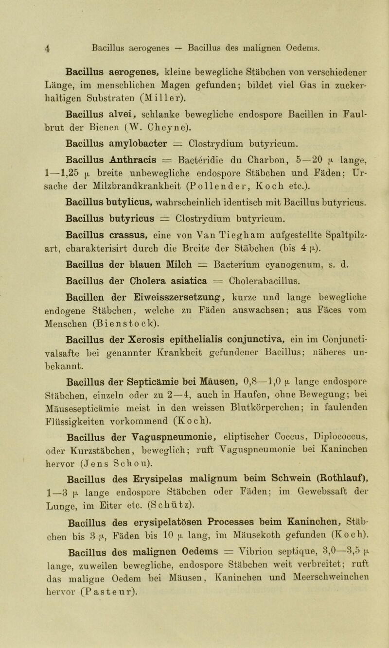 Bacillus aerogenes, kleine bewegliche Stabchen von verschiedener Lange, im menschlichen Magen gefunden; bildet viel Gas in zucker- haltigen Substraten (Miller). Bacillus alvei, scblanke bewegliche endospore Bacillen in Faul- brut der Bienen (W. Cheyne). Bacillus amylobacter = Clostrydium butyricum. Bacillus Anthracis = Bacteridie du Charbon, 5—20 jj. lange, 1—1,25 jjL breite unbewegliche endospore Stabchen und Faden; Ur- sache der Milzbrandkrankheit (Pollender, Koch etc.). Bacillus butylicus, wahrscheinlich identisch mit Bacillus butyricus. Bacillus butyricus — Clostrydium butyricum. Bacillus crassus, eine von Van Tiegham aufgestellte Spaltpilz- art, charakterisirt durch die Breite der Stabchen (bis 4 fx). Bacillus der blauen Milch = Bacterium cyanogenum, s. d. Bacillus der Cholera asiatica = Cholerabacillus. Bacillen der Eiweisszersetzung, kurze und lange bewegliche endogene Stabchen, welche zu Faden auswachsen; aus Faces vom Menschen (Bienstock). Bacillus der Xerosis epithelialis conjunctiva, ein im Conjuncti- valsafte bei genannter Krankheit gefundener Bacillus; naheres un- bekannt. Bacillus der Septicamie bei Mausen, 0,8—1,0 \x. lange endospore Stabchen, einzeln oder zu 2—4, auch in Haufen, ohne Bewegung; bei Mausesepticamie meist in den weissen Blutkorperchen; in faulenden Fliissigkeiten vorkommend (Koch). Bacillus der Vaguspneumonie, eliptischer Coccus, Diplococcus, Oder Kurzstabchen, beweglich; ruft Vaguspneumonie bei Kanincheu hervor (Jens S c h o u). Bacillus des Erysipelas malignum beim Schwein (Rothlauf), I—3 p, lange endospore Stabchen oder Faden; im Gewebssaft der Lunge, im Eiter etc. (Schiitz). Bacillus des erysipelatOsen Processes beim Kaninchen, Stab- chen bis 3 Faden bis 10 |x lang, im Mausekoth gefunden (Koch). Bacillus des malignen Oedems = Vibrion septique, 3,0—3,5 p. lange, zuweilen bewegliche, endospore Stabchen weit verbreitet; ruft das maligne Oedem bei Mausen, Kaninchen und Meerschweinchen hervor (Pasteur).