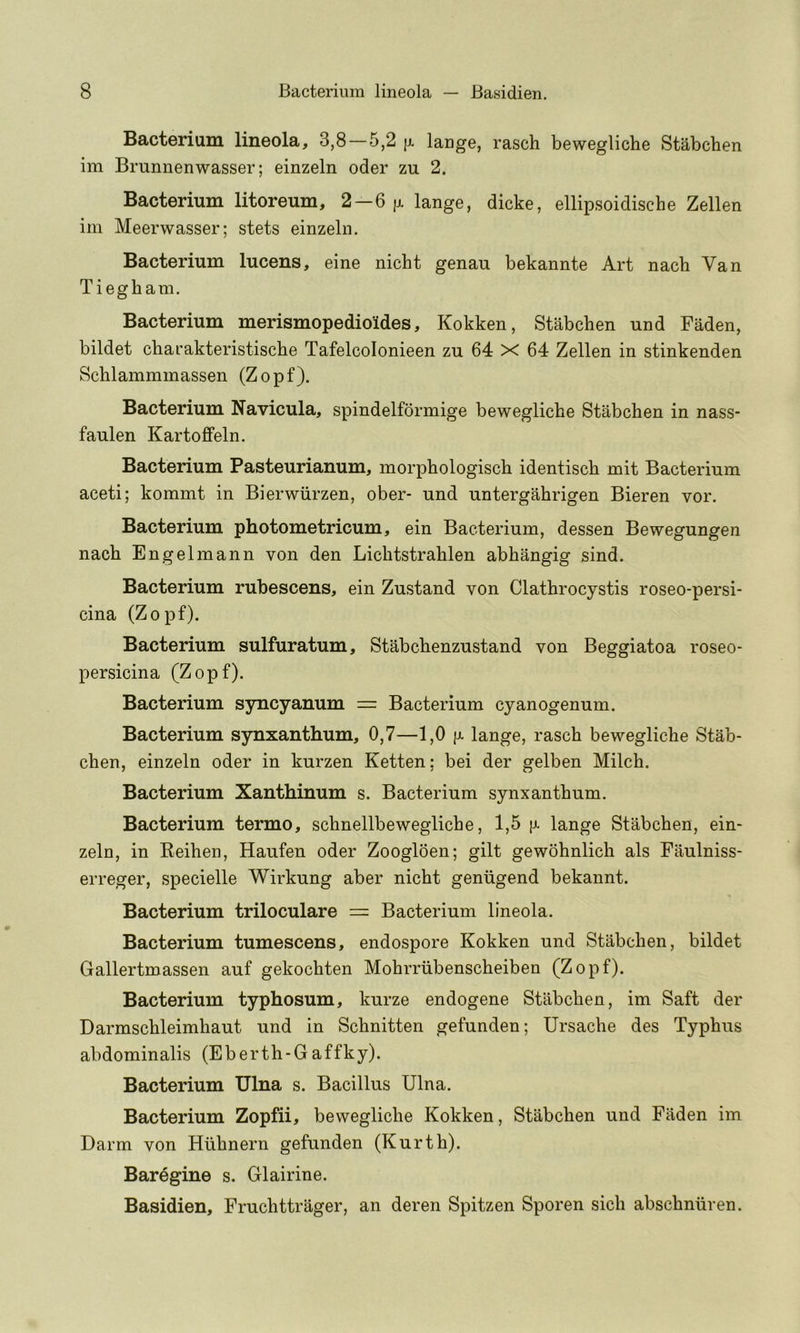 Bacterium lineola, 3,8—5,2 ]x lange, rasch bewegliche Stabchen im Brunnenwasser; einzeln oder zu 2. Bacterium litoreum, 2—6 jx lange, dicke, ellipsoidische Zellen im Meerwasser; stets einzeln. Bacterium lucens, eine nicht genau bekannte Art nach Van Tiegham. Bacterium merismopedioides, Kokken, Stabchen und Faden, bildet charakteristische Tafelcolonieen zu 64 X 64 Zellen in stinkenden Schlammmassen (Zopf). Bacterium Navicula, spindelformige bewegliche Stabchen in nass- faulen Kartoffeln. Bacterium Pasteurianum, morphologisch identisch mit Bacterium aceti; kommt in Bierwiirzen, ober- und untergahrigen Bieren vor. Bacterium photometricum, ein Bacterium, dessen Bewegungen nach Engelmann von den Lichtstrahlen abhangig sind. Bacterium rubescens, ein Zustand von Clathrocystis roseo-persi- cina (Zopf). Bacterium sulfuratum, Stabchenzustand von Beggiatoa roseo- persicina (Zopf). Bacterium syncyanum = Bacterium cyanogenum. Bacterium synxanthum, 0,7—1,0 }x lange, rasch bewegliche Stab- chen, einzeln oder in kurzen Ketten; bei der gelben Milch. Bacterium Xanthinum s. Bacterium synxanthum. Bacterium termo, schnellbewegliche, 1,5 |x lange Stabchen, ein- zeln, in Eeihen, Haufen oder Zoogloen; gilt gewohnlich als Faulniss- erreger, specielle Wirkung aber nicht geniigend bekannt. Bacterium triloculare == Bacterium lineola. Bacterium tumescens, endospore Kokken und Stabchen, bildet Gallertmassen auf gekochten Mohrrubenscheiben (Zopf). Bacterium typhosum, kurze endogene Stabchen, im Saft der Darmschleimhaut und in Schnitten gefunden; Ursache des Typhus abdominalis (Eberth-Gaffky). Bacterium Ulna s. Bacillus Ulna. Bacterium Zopfii, bewegliche Kokken, Stabchen und Fiiden im Darm von Hiihnern gefunden (Kurth). Bardgine s. Glairine. Basidien, Fruchttrager, an deren Spitzen Sporen sich abschniiren.