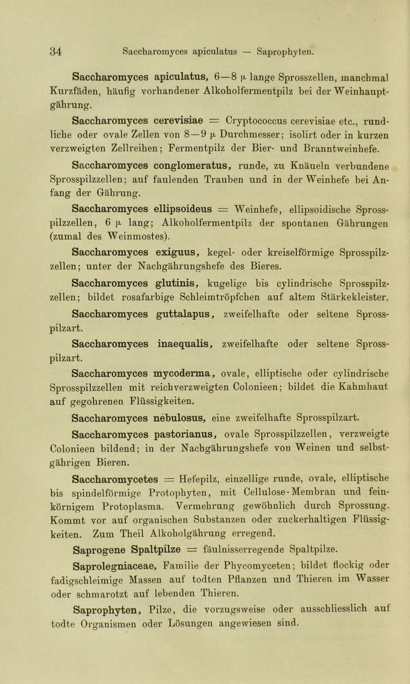 Saccharomyces apiculatus, 6—8 lange Sprosszellen, manchmal Kurzfaden, haufig vorhandener Alkoholfermentpilz bei der Weinhaupt* gahrung. Saccharomyces cerevisiae = Cryptococcus cerevisiae etc., rund- liche Oder ovale Zellen von 8 — 9 p Durchmesser; isolirt oder in kurzen verzweigten Zellreihen; Fermentpilz der Bier- und Branntweinhefe. Saccharomyces conglomeratus, runde, zu Knaueln verbundene Sprosspilzzellen; auf faulenden Trauben und in der Weinhefe bei An- fang der Gahrung. Saccharomyces ellipsoideus = Weinhefe, ellipsoidische Spross- pilzzellen, 6 |i- lang; Alkoholfermentpilz der spontanen Gahrungen (zumal des Weinmostes). Saccharomyces exiguus, kegel- oder kreiselformige Sprosspilz- zellen; unter der Nachgahrungshefe des Bieres. Saccharomyces glutinis, kugelige bis cylindrische Sprosspilz- zellen; bildet rosafarbige Schleimtropfchen auf altem Starkekleister. Saccharomyces guttalapus, zweifelhafte oder seltene Spross- pilzart. Saccharomyces inaequalis, zweifelhafte oder seltene Spross- pilzart. Saccharomyces mycoderma, ovale, elliptische oder cylindrische Sprosspilzzellen mit reichverzweigten Colonieen; bildet die Kahmhaut auf gegohrenen Fliissigkeiten. Saccharomyces nebulosus, eine zweifelhafte Sprosspilzart. Saccharomyces pastorianus, ovale Sprosspilzzellen, verzweigte Colonieen bildend; in der Nachgahrungshefe von Weinen und selbst- gahrigen Bieren. Saccharomycetes = Hefepilz, einzellige runde, ovale, elliptische bis spindelformige Protophyten, mit Cellulose-Membran und fein- kbrnigem Protoplasma. Vermehrung gewohnlich durch Sprossung. Kommt vor auf organischen Substanzen oder zuckerhaltigen Fliissig- keiten. Zum Theil Alkoholgahrung erregend. Saprogene Spaltpilze = faulnisserregende Spaltpilze. Saprolegniaceae, Familie der Phycomyceten; bildet flockig oder fadigschleimige Massen auf todten Pflanzen und Thieren im Wasser oder schmarotzt auf lebenden Thieren. Saprophyten, Pilze, die vorzugsweise oder ausschliesslich auf todte Organismen oder Losungen angewiesen sind.