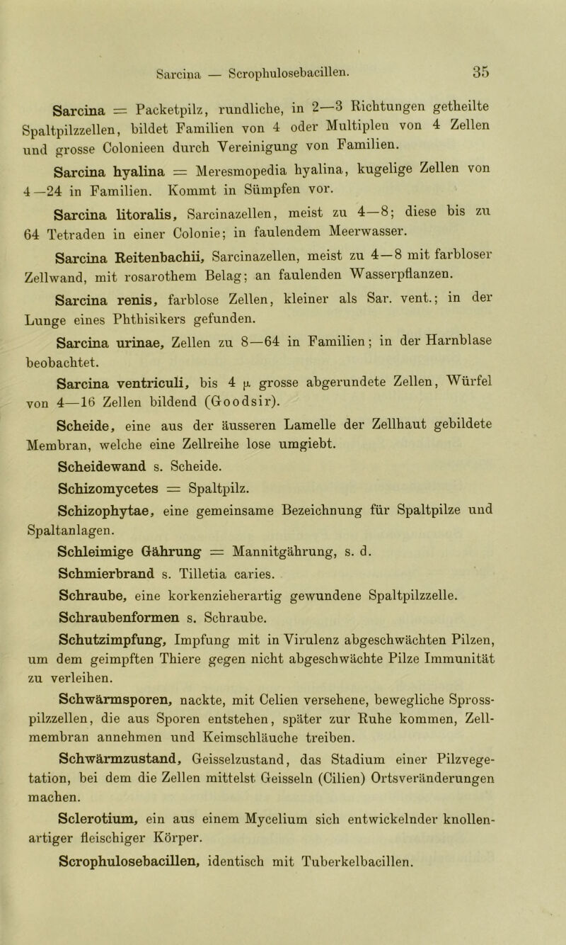 Sarcina = Packetpilz, rundliche, in 2—3 Richtungen getheilte Spaltpilzzellen, bildet Familien von 4 oder Multiplen von 4 Zellen und grosse Colonieen durch Vereinigung von Familien. Sarcina hyalina = Meresmopedia hyalina, kugelige Zellen von 4—24 in Familien. Kommt in Siimpfen vor. Sarcina litoralis, Sarcinazellen, meist zu 4—8; diese bis zu 64 Tetraden in einer Colonie; in faulendem Meerwasser. Sarcina Reitenbachii, Sarcinazellen, meist zu 4—8 mit farbloser Zellwand, mit rosarotbem Belag; an faulenden Wasserpflanzen. Sarcina renis, farblose Zellen, kleiner als Sar. vent.; in der Lunge eines Pbthisikers gefunden. Sarcina nrinae, Zellen zu 8—64 in Familien; in der Harnblase beobacbtet. Sarcina ventriculi, bis 4 jjl grosse abgerundete Zellen, Wiirfel von 4—16 Zellen bildend (Goodsir). Scheide, eine aus der ausseren Lamelle der Zellbaut gebildete Membran, welclie eine Zellreihe lose umgiebt. Scheidewand s. Scbeide. Schizomycetes = Spaltpilz. Schizophytae, eine gemeinsame Bezeicbnung fiir Spaltpilze und Spaltanlagen. ScMeimige Gahrung = Mannitgabrung, s. d. Schmierbrand s. Tilletia caries. Schraube, eine korkenzieberartig gewundene Spaltpilzzelle. Schraubenformen s. Scbraube. Schutzimpfung, Impfung mit in Virulenz abgescbwacbten Pilzen, um dem geimpften Tbiere gegen nicbt abgescbwacbte Pilze Immunitat zu verleiben. Schwarmsporen, nackte, mit Celien versebene, beweglicbe Spross- pilzzellen, die aus Sporen entsteben, spater zur Rube kommen, Zell- membran annebmen und Keimscblaucbe treiben. Schwarmzustand, Geisselzustand, das Stadium einer Pilzvege- tation, bei dem die Zellen mittelst Geisseln (Cilien) Ortsveranderungen macben. Sclerotium, ein aus einem Mycelium sicb entwickelnder knollen- artiger fleiscbiger Korper. Scrophulosebacillen, identiscb mit Tuberkelbacillen.