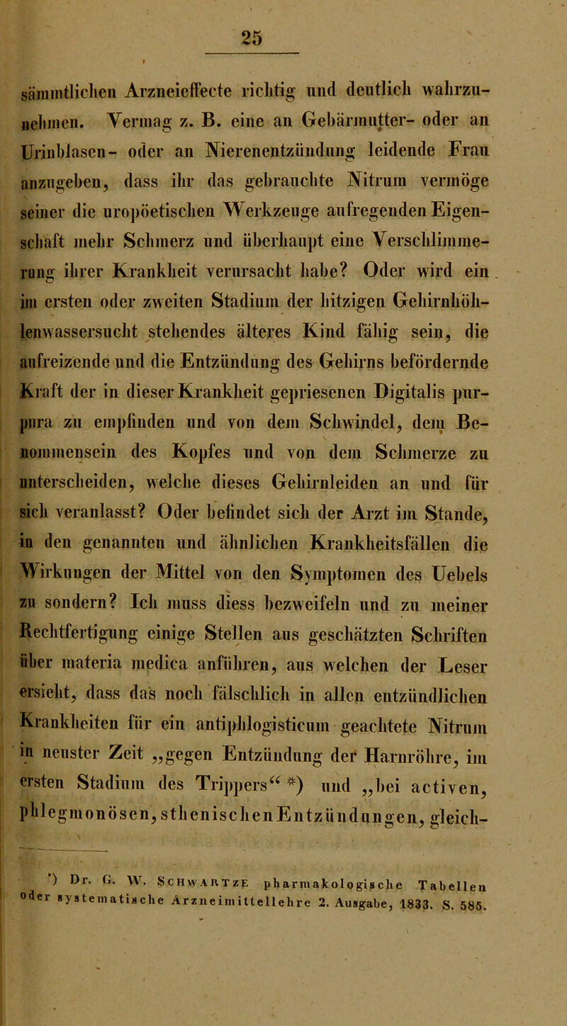 sainintliclicii ArzneicfFecte riclitig mid dciitlicli walirzu- neliineii. Vcrinag %. B. cine an Geliarniutter- oder an Urinblascn- oder an Nierenentziindnng leidende Frau aiiziigeben, dass ilir das gebraiicbte Nitruni verindge seiner die uropdetisclien Werkzeiige aiifregenden Eigen- scbaft inebr Sclnnerz imd uberLaiipt eine Verscliliniine- rung ihrer Kranklieit vernrsaclit babe? Oder wird ein iin ersten oder zweiten Stadium der liitzigen Geliirnlioli- Iwiwassersuclit stebendes alteres Kind faliig sein, die aiifreizende und die Entziindiing des Gebiins befdrdernde Kraft der in dieser Kranklieit gepriesenen Digitalis pur- pura zu eiiiplinden nnd von dem Scbwindel, deni Be- noininensein des Kopfes nnd von dem Scbmerze zu Diiterscbeiden, welcbe dieses Gebirnleiden an und fiir sicb veranlasst? Oder belindet sicb der Arzt im Stande, in den genannten und iilmlicben Krankbeitsfallen die Wirkiingen der Mittel von den Symptomen des Uebels zn sondern? Icb muss diess bezweifeln und zu meiner Recbtfertignng einige Stellen aus gescbatzten Sclmiften iiber materia niedica anfiibren, aus welchen der Leser ersiebt, dass das nocb falscblicb in alien entziindlicben Krankbeiten flir ein andplilogisticiim geacbtete Nitrum in iieiister Zeit „gegen Entziindung def Harnrdbre, im ersten Stadium des Trippersmid „bei activen, pblegmondsen,stbeniscbenEiitziindiiiioen, ffleicb- ) Dr. G. W. ScHwAUTzp pharmakologigche Tabellen Oder eystematigclic Arziieiinittellehre 2. Ausgabe, 1S33. S. 585.