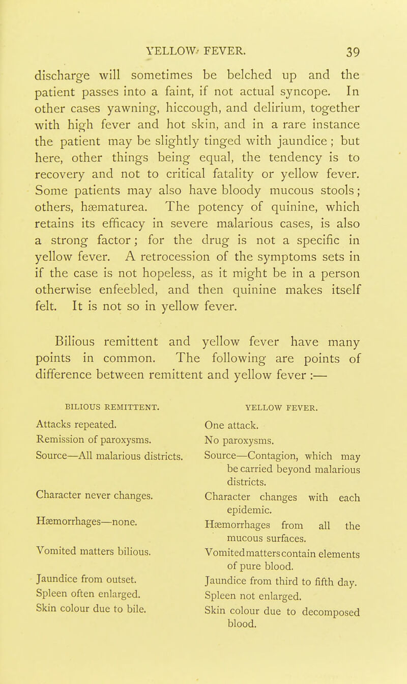 discharge will sometimes be belched up and the patient passes into a faint, if not actual syncope. In other cases yawning-, hiccough, and delirium, together with high fever and hot skin, and in a rare instance the patient may be slightly tinged with jaundice ; but here, other things being equal, the tendency is to recovery and not to critical fatality or yellow fever. Some patients may also have bloody mucous stools; others, heematurea. The potency of quinine, which retains its efficacy in severe malarious cases, is also a strong factor; for the drug is not a specific in yellow fever. A retrocession of the symptoms sets in if the case is not hopeless, as it might be in a person otherwise enfeebled, and then quinine makes itself felt. It is not so in yellow fever. Bilious remittent and yellow fever have many points in common. The following are points of difference between remittent and yellow fever :— BILIOUS REMITTENT. Attacks repeated. Remission of paroxysms. Source—All malarious districts. Character never changes. Haemorrhages—none. Vomited matters bilious. Jaundice from outset. Spleen often enlarged. Skin colour due to bile. YELLOW FEVER. One attack. No paroxysms. Source—Contagion, which may be carried beyond malarious districts. Character changes with each epidemic. Haemorrhages from all the mucous surfaces. Vomited matters contain elements of pure blood. Jaundice from third to fifth day. Spleen not enlarged. Skin colour due to decomposed blood.