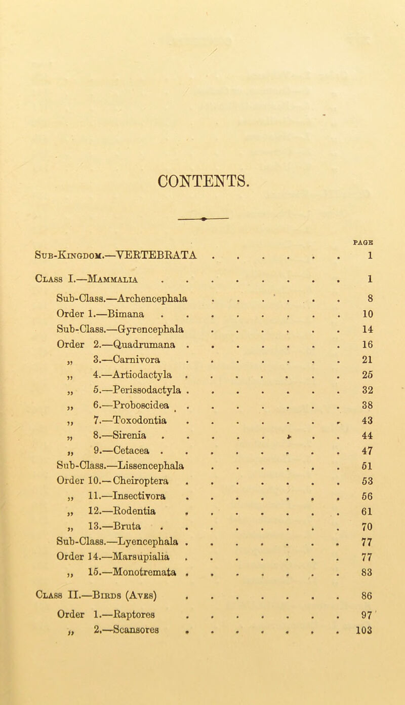 CONTENTS PAGE Sub-Kingdom.—VERTEBRATA 1 Class I.—Mammalia Sub-Class.—Archencephala Order 1.—Bimana Sub - Class.—Gyr encephala Order 2.—Quadrumana „ 3.—Carnivora „ 4.—Artiodactyla „ 5.—Perissodactyla „ 6.—Proboscidea ,, 7.—Toxodontia „ 8.—Sirenia „ 9.—Cetacea . Sub-Class.—Lissencephala Order 10.—Cheiroptera ,, 11.—Insectivora „ 12.—Eodentia „ 13.—Bruta Sub-Class.—Lyencephala Order 14.—Marsupialia ,, 15.—Monotremata Class II.—Birds (Avbs) Order 1.—Raptores ,, 2.—Scansores 1 8 10 14 16 21 25 32 38 43 44 47 61 53 56 61 70 77 77 83 86 97 103