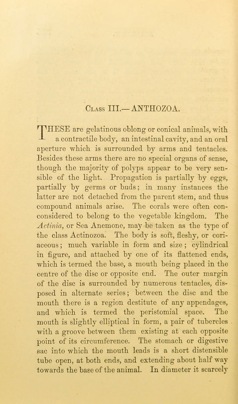 Class III.—ANTHOZOA. 'T'HESE are gelatinous oblong or conical animals, with A- a contractile body, an intestinal cavity, and an oral aperture wbicb is surrounded by arms and tentacles. Besides these arms there are no special organs of sense, though the majority of polyps appear to be very sen- sible of the light. Propagation is partially by eggs, partially by germs or buds; in many instances the latter are not detached from the parent stem, and thus compound animals arise. The corals were often con- considered to belong to the vegetable kingdom. The Actinia, or Sea Anemone, may be taken as the type of the class Actinozoa. The body is soft, fleshy, or cori- aceous ; much variable in form and size ; cylindrical in figure, and attached by one of its flattened ends, which is termed the base, a mouth being placed in the centre of the disc or opposite end. The outer margin of the disc is surrounded by numerous tentacles, dis- posed in alternate series; between the disc and the mouth there is a region destitute of any appendages, and which is termed the peristomial space. The mouth is slightly elliptical in form, a pair of tubercles with a groove between them existing at each opposite point of its circumference. The stomach or digestive sac into which the mouth leads is a short distensible tube open, at both ends, and extending about half way towards the base of the animal. In diameter it scarcely
